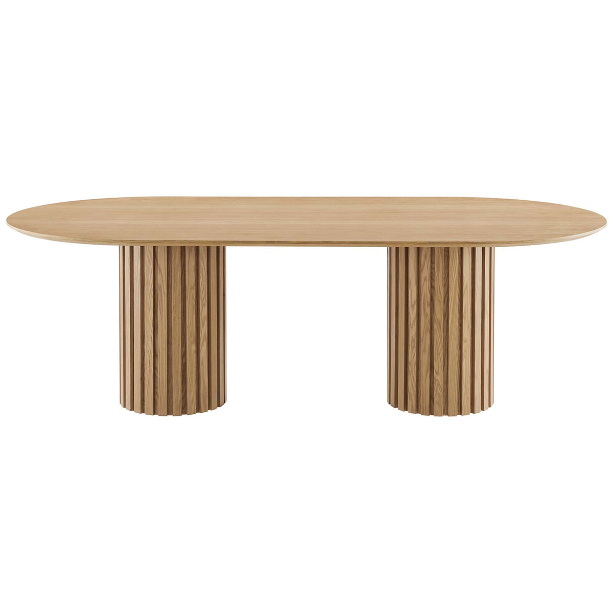 Long 95 inch oval dining table highlighting thick oak veneer top and bold fluted column supports || EEI-6065-OAK-SET || side_studio