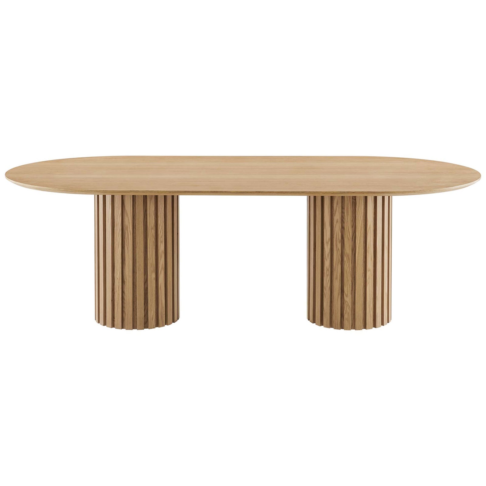 Long 95 inch oval dining table highlighting thick oak veneer top and bold fluted column supports || EEI-6065-OAK-SET || side_studio