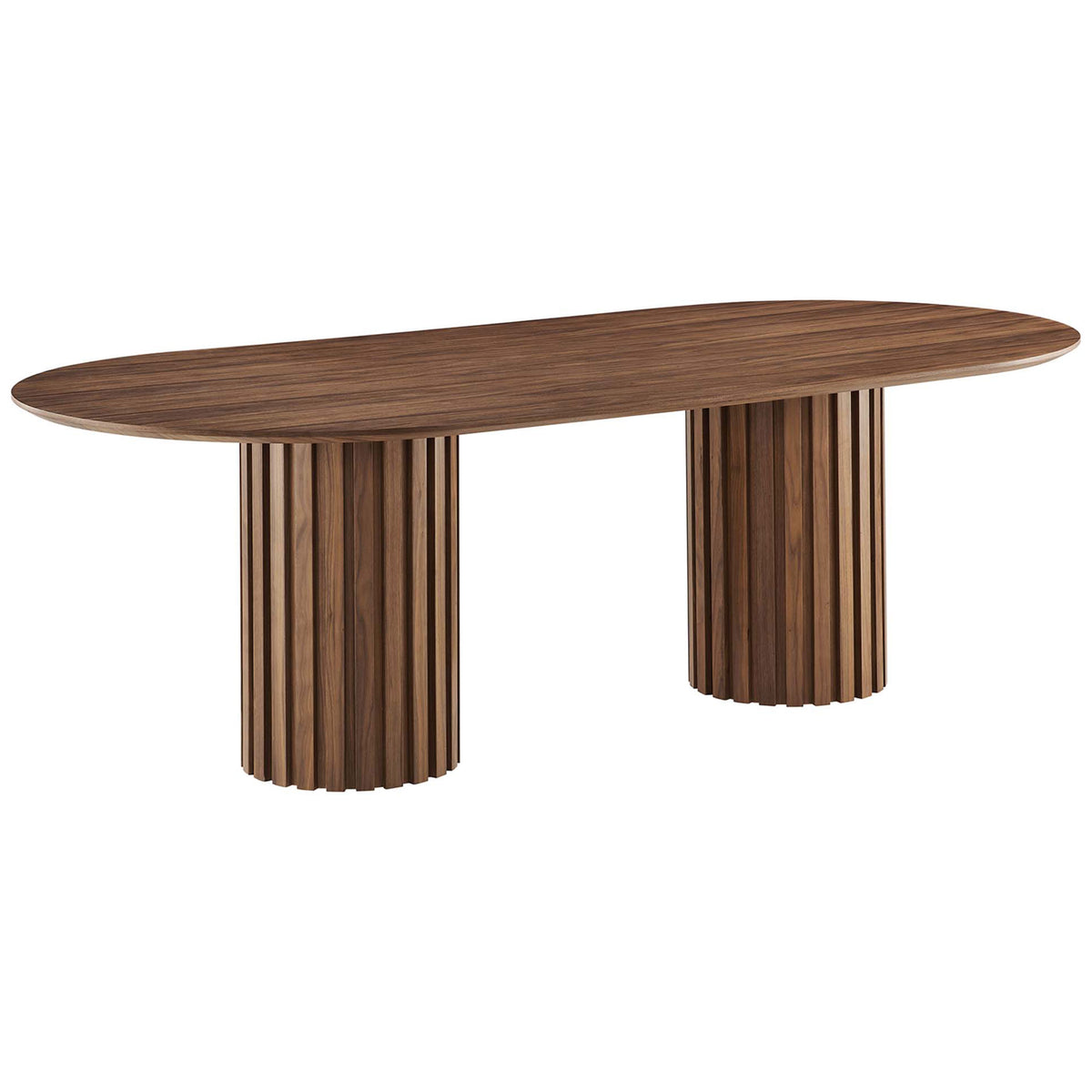 Sleek walnut dining table with elongated oval silhouette and grooved column pedestals for architectural flair || EEI-6065-WAL-SET || front_angle_studio