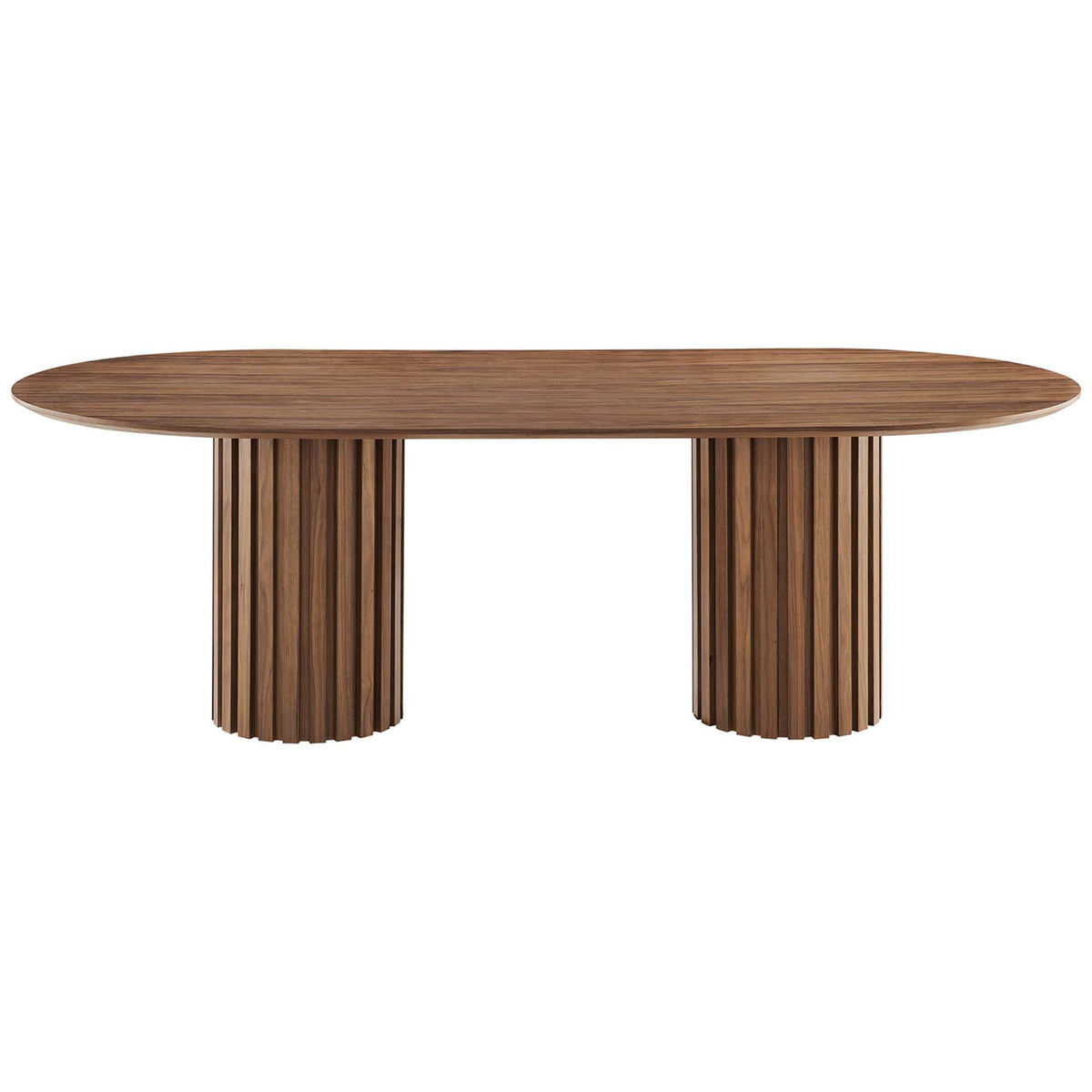 Mid-century walnut oval dining table with dual fluted column bases and generous 95-inch top || EEI-6065-WAL-SET || front_studio