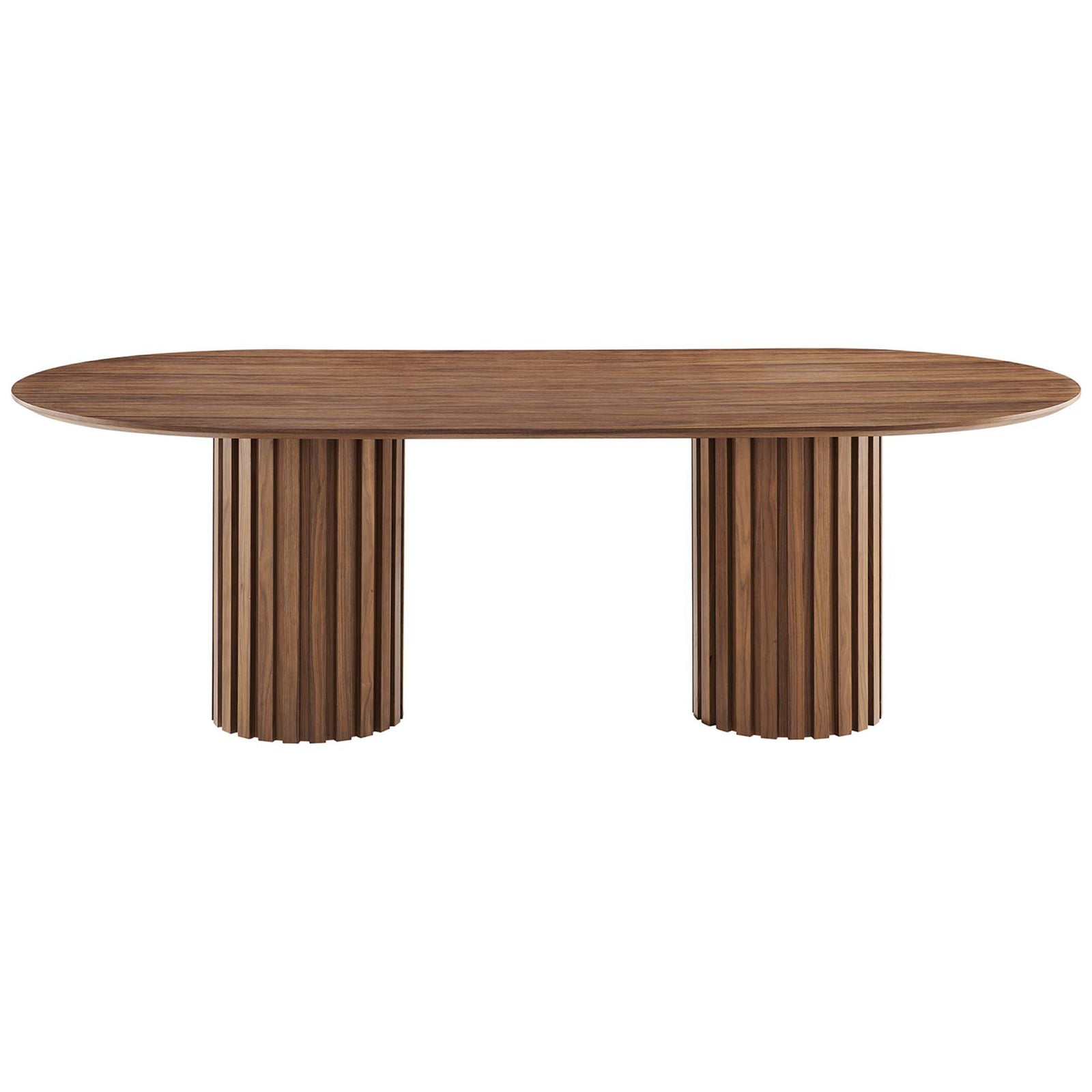 Mid-century walnut oval dining table with dual fluted column bases and generous 95-inch top || EEI-6065-WAL-SET || front_studio