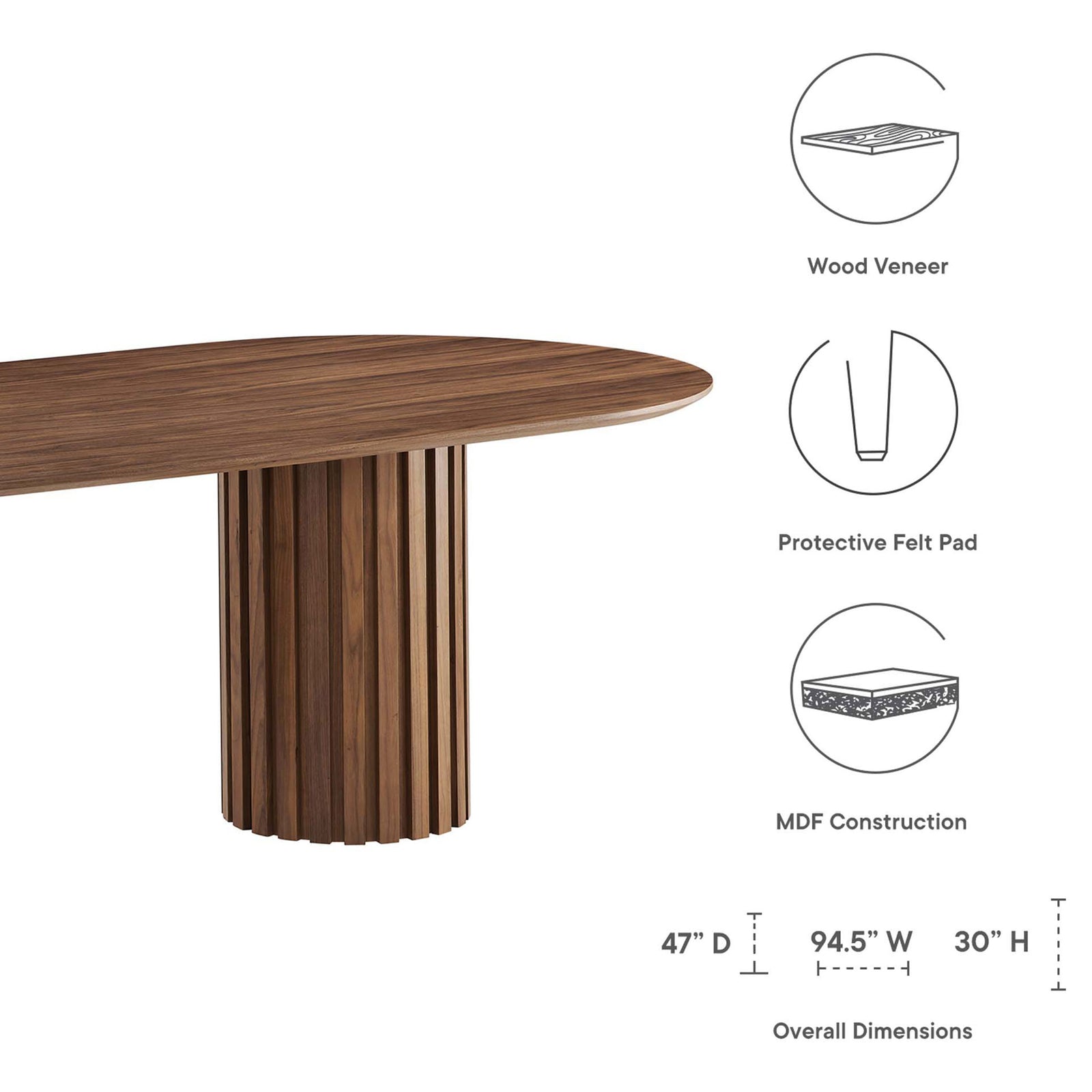 Diagram of walnut oval dining table detailing wood veneer, protective felt pads, MDF construction, and overall dimensions || EEI-6065-WAL-SET || dimension_studio