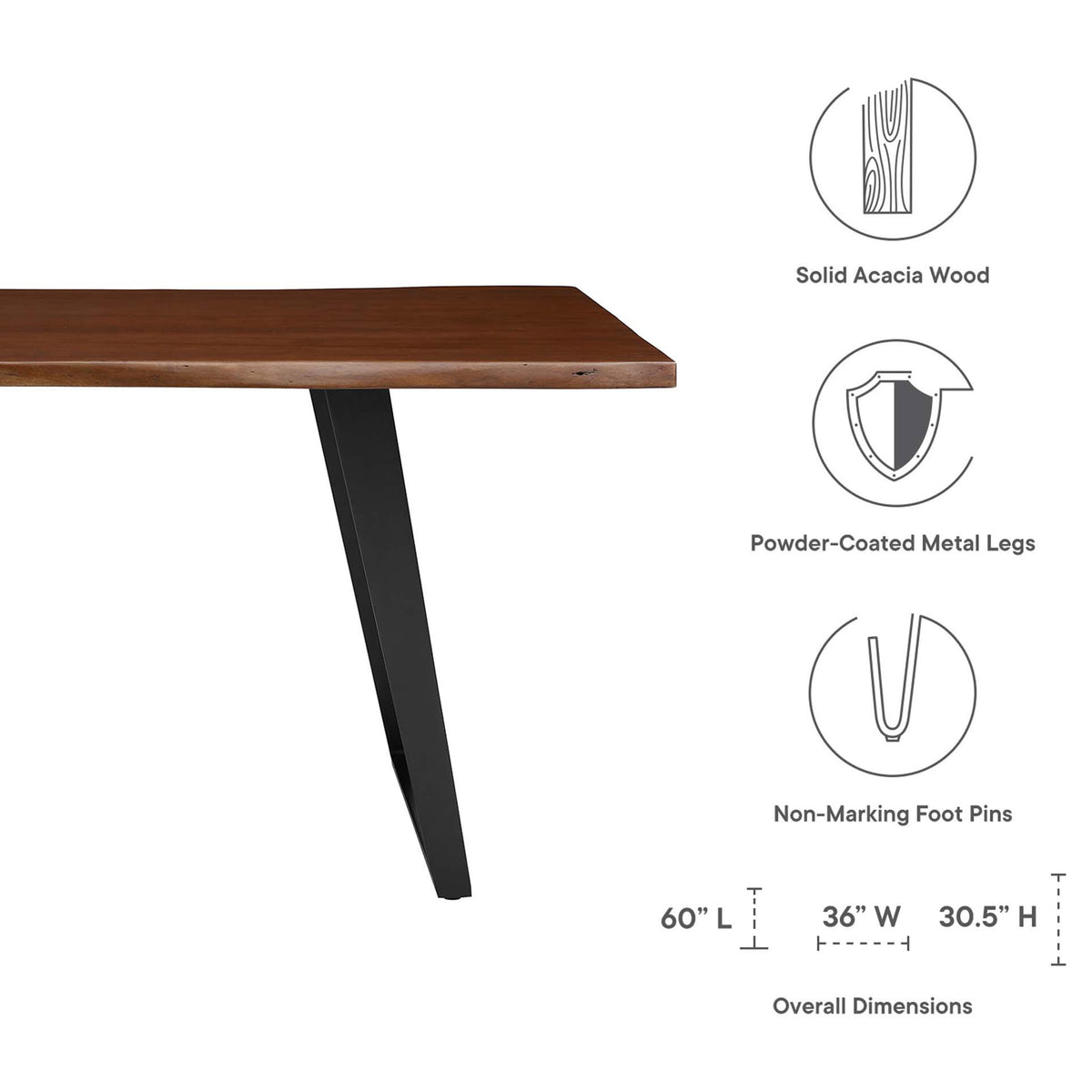 Feature graphic outlines acacia wood construction, metal legs, foot pins, and 60 in overall dimensions || EEI-6067-BLK-WAL || dimension_studio