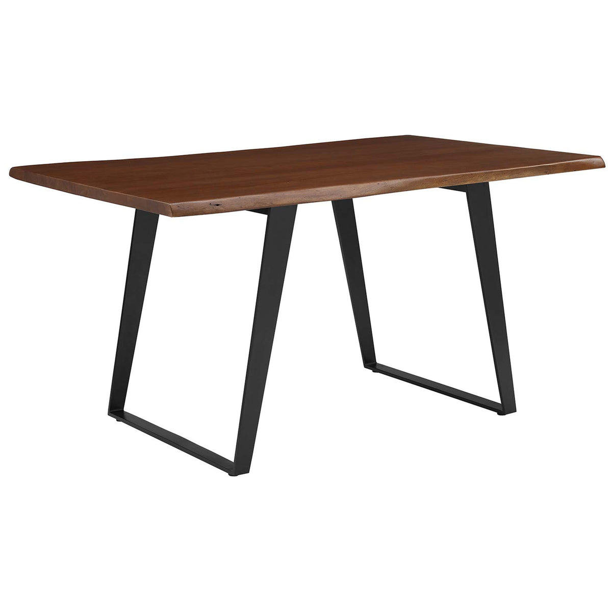 Live edge acacia wood dining table with warm walnut finish and black metal sled legs || EEI-6067-BLK-WAL || front_angle_studio