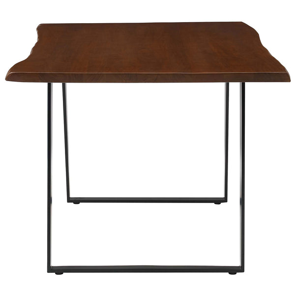 Rectangular live edge acacia dining table showing natural grain and smooth walnut finish || EEI-6067-BLK-WAL || side_studio