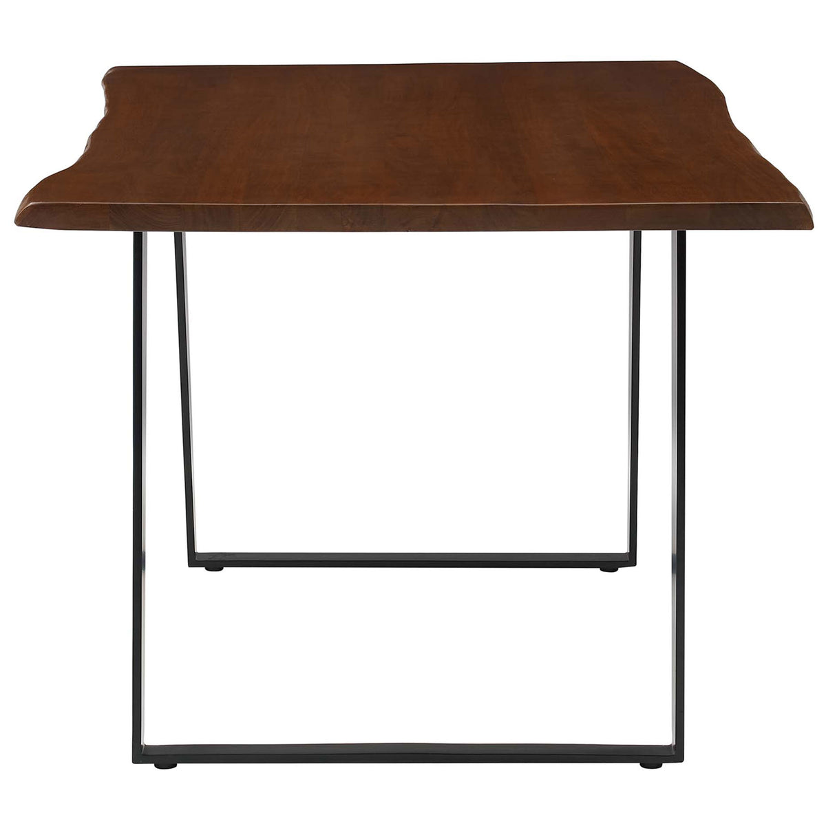 Rectangular live edge acacia dining table showing natural grain and smooth walnut finish || EEI-6067-BLK-WAL || side_studio