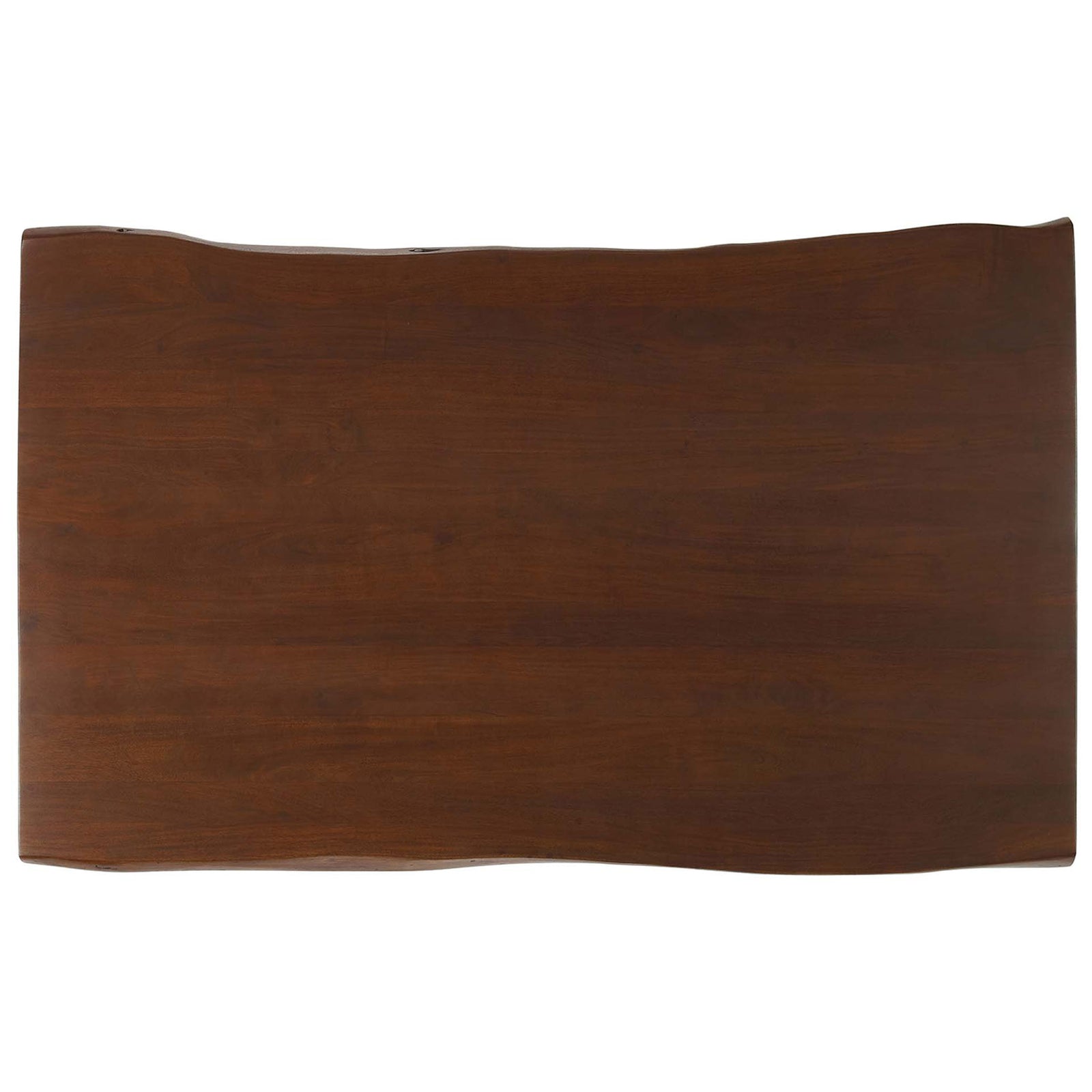 Overhead view of the live edge tabletop showcasing rich walnut tone and organic edges || EEI-6067-BLK-WAL || top_studio
