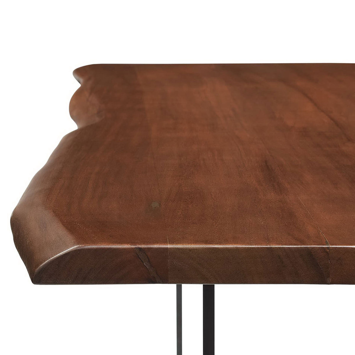 Walnut finished tabletop surface highlights subtle color variations and smooth live edge || EEI-6067-BLK-WAL || detail_studio