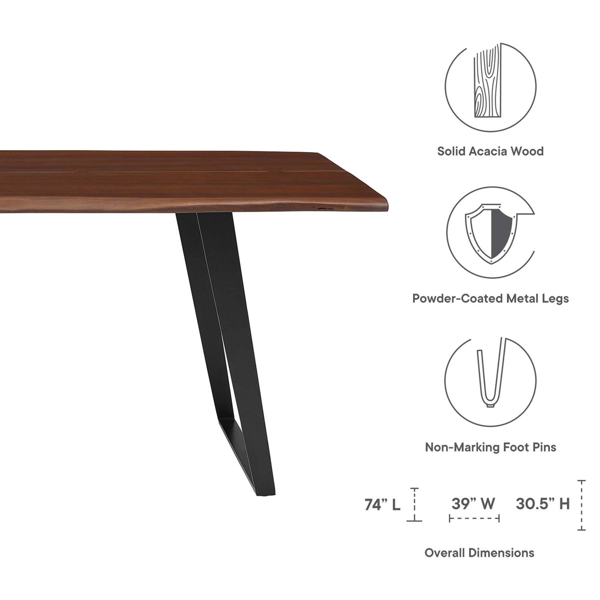 Feature graphic highlights acacia wood build, metal legs, foot pins, and 74 in overall dimensions || EEI-6069-BLK-WAL || dimension_studio