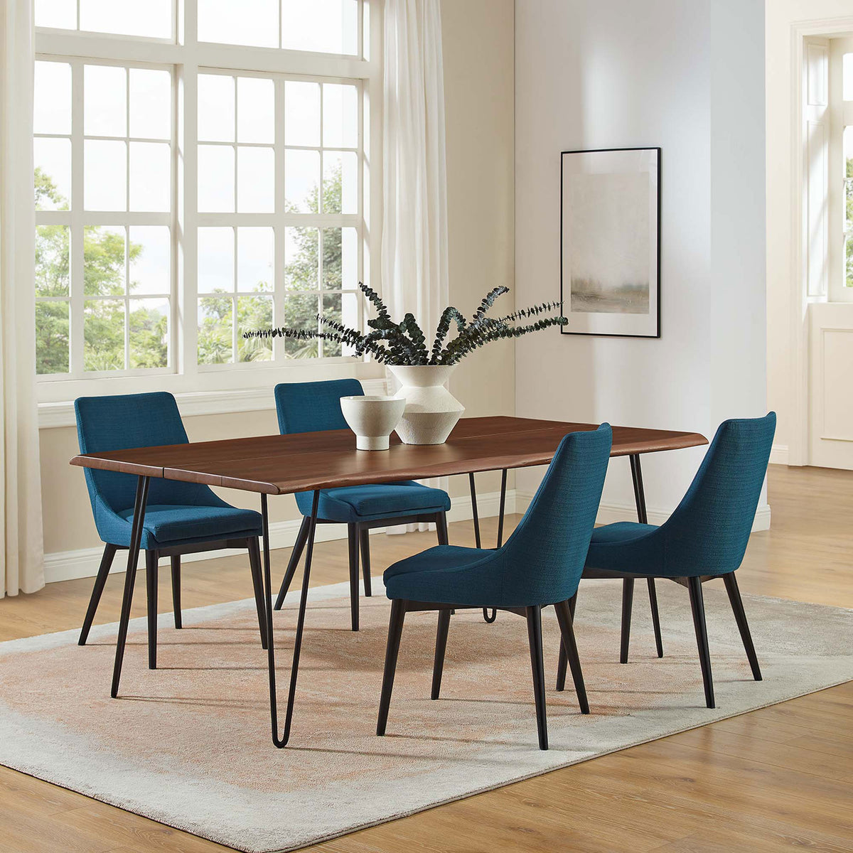 Generous live edge acacia dining table with blue upholstered chairs creates a bright, welcoming dining room. || EEI-6070-BLK-WAL || front_angle_room
