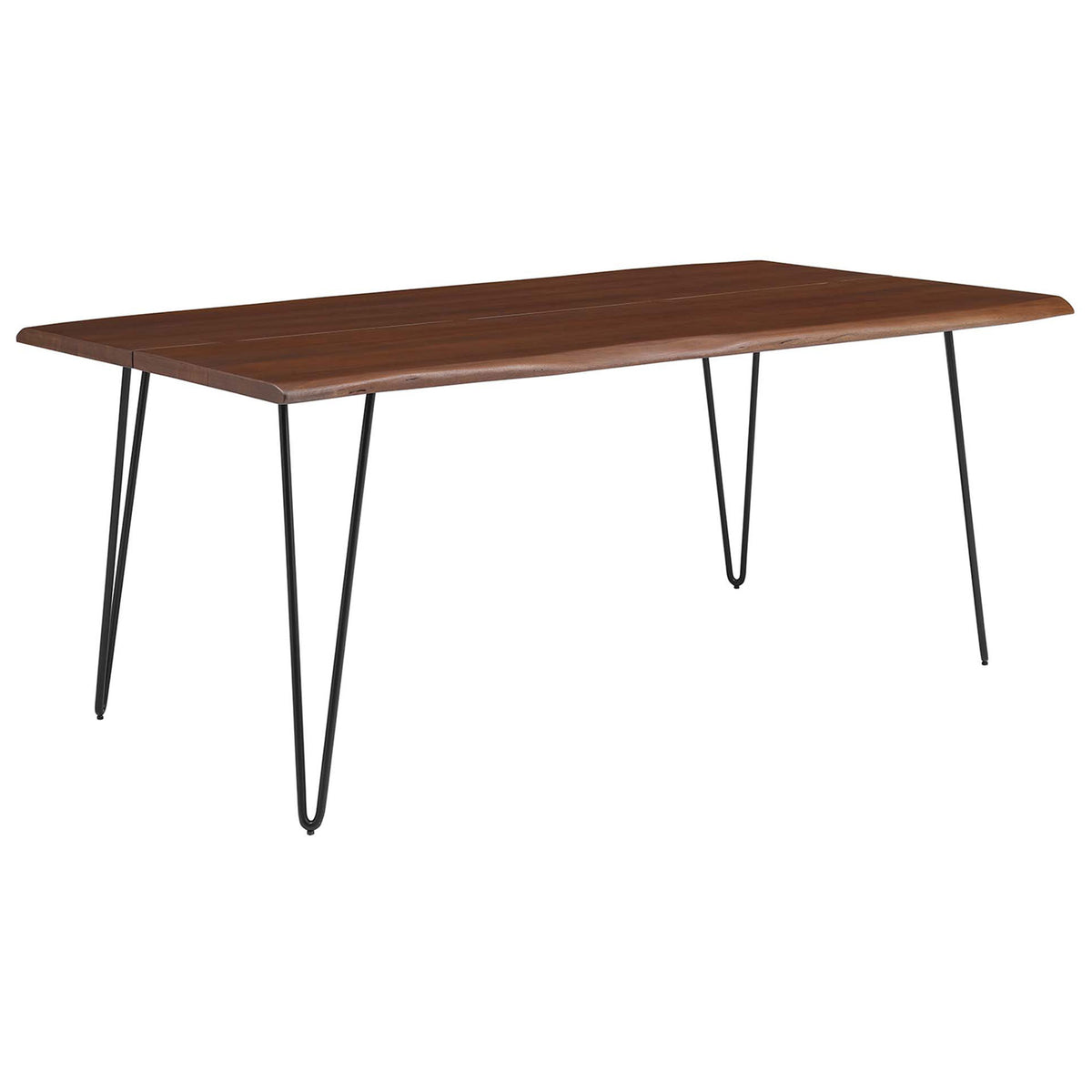 Rectangular live edge acacia dining table shows the long walnut surface and airy black hairpin legs. || EEI-6070-BLK-WAL || front_angle_studio