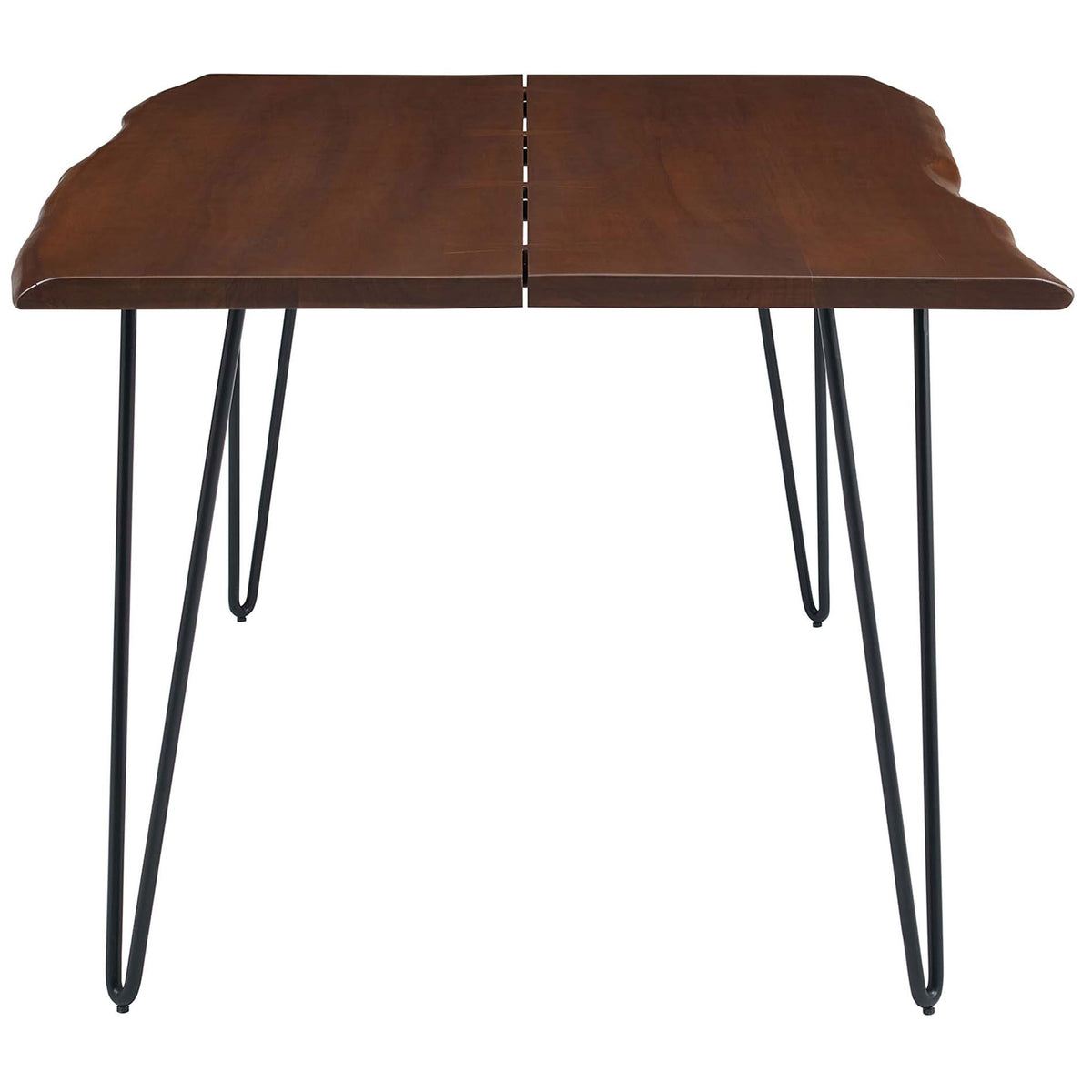Slim metal hairpin base supports the expansive live edge tabletop for a balanced, mid-century look. || EEI-6070-BLK-WAL || side_studio