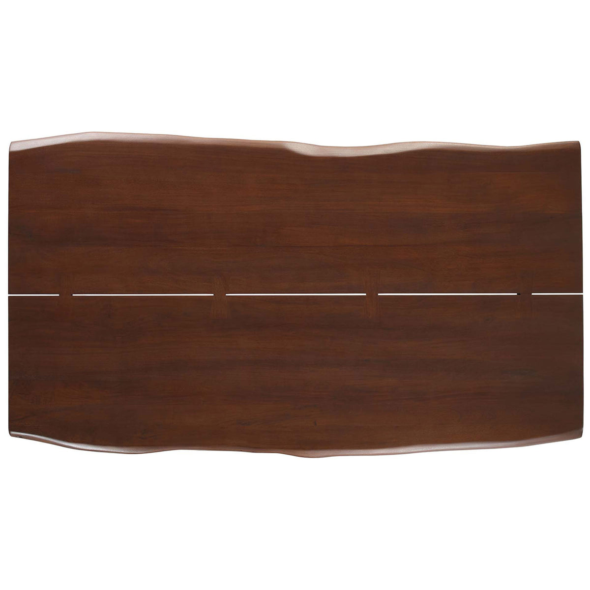 Acacia wood tabletop with live edges and butterfly joints creates a rich, organic surface across the full table. || EEI-6070-BLK-WAL || top_studio