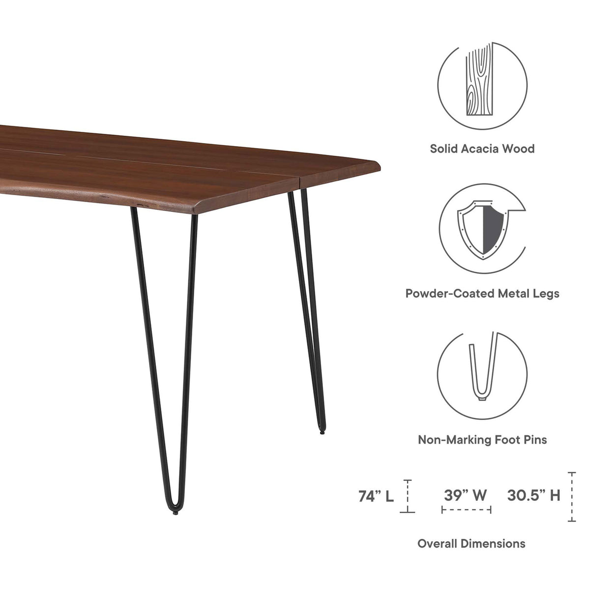 Live edge acacia dining table with icons for solid wood construction, metal hairpin legs, and table measurements. || EEI-6070-BLK-WAL || dimension_studio