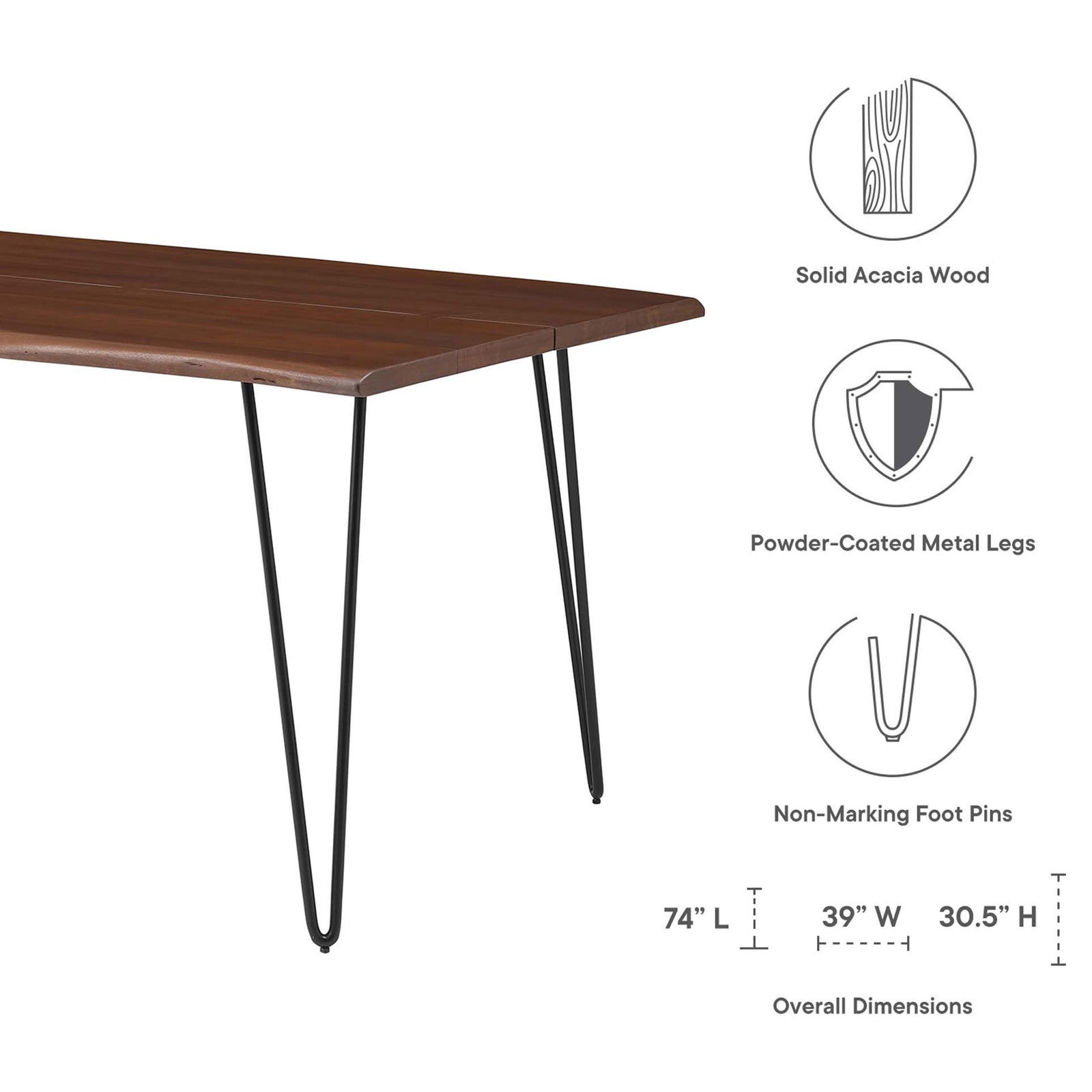 Live edge acacia dining table with icons for solid wood construction, metal hairpin legs, and table measurements. || EEI-6070-BLK-WAL || dimension_studio