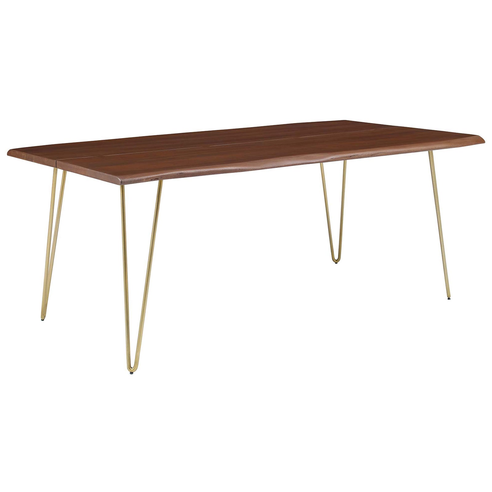 Spacious rectangular live edge walnut dining table with acacia planks and airy gold hairpin base || EEI-6070-GLD-WAL || front_angle_studio