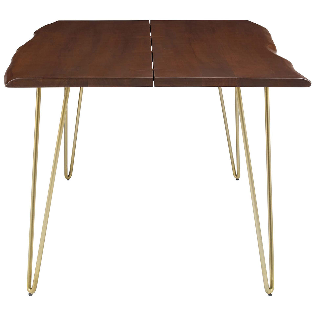Long acacia wood dining table with slim silhouette and sculptural metal hairpin legs for modern interiors || EEI-6070-GLD-WAL || side_studio