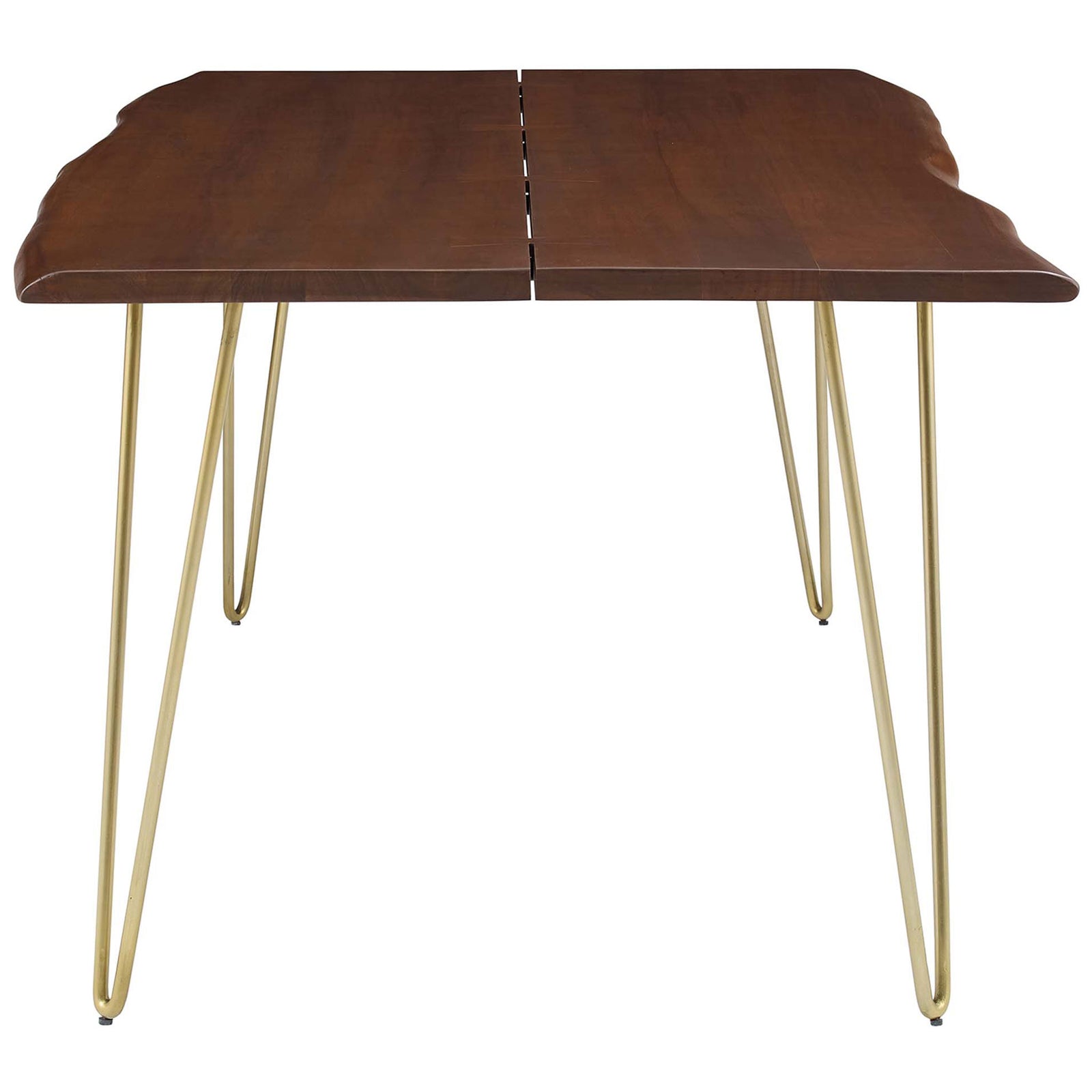 Long acacia wood dining table with slim silhouette and sculptural metal hairpin legs for modern interiors || EEI-6070-GLD-WAL || side_studio
