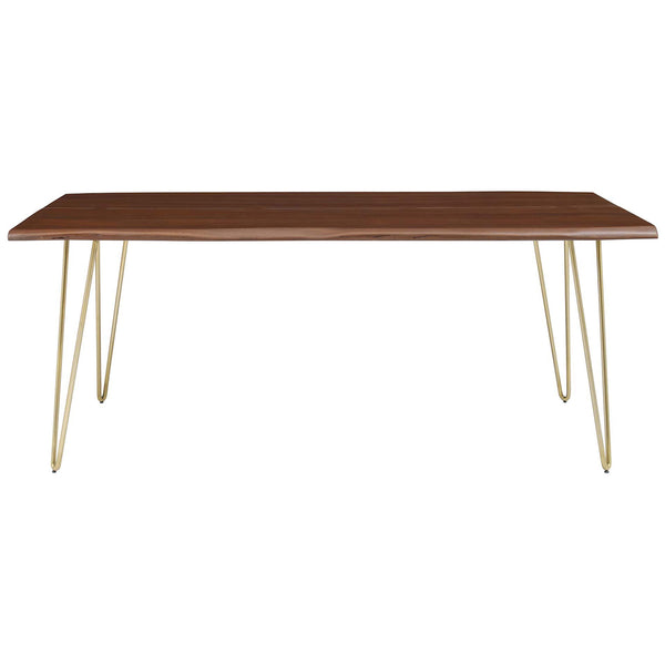 Ardor 74 inch live edge acacia dining table offering generous seating on a warm walnut top with gold legs || EEI-6070-GLD-WAL || front_studio