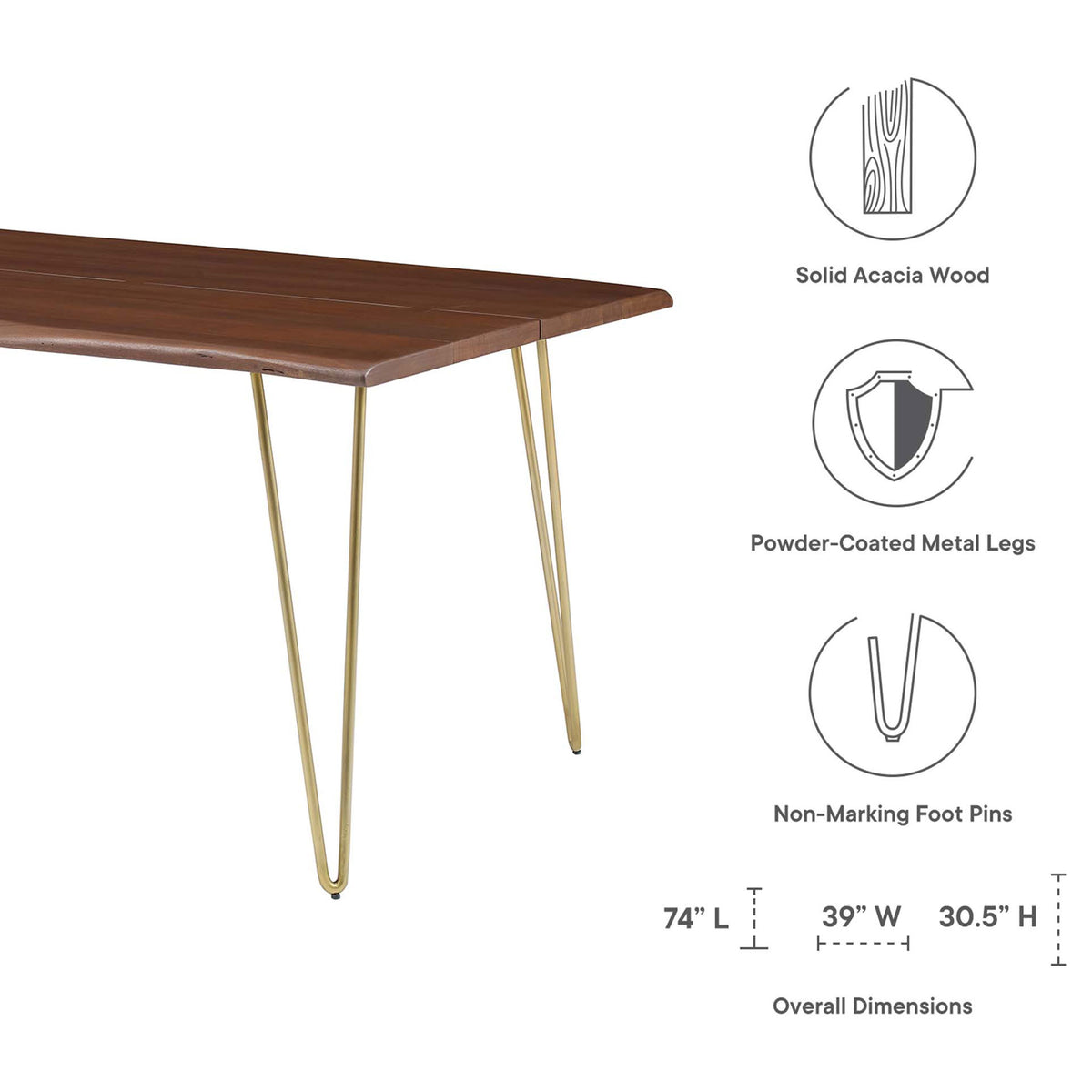 Informational graphic calling out solid acacia wood, metal legs, and 74 x 39 x 30.5 inch table dimensions || EEI-6070-GLD-WAL || dimension_studio