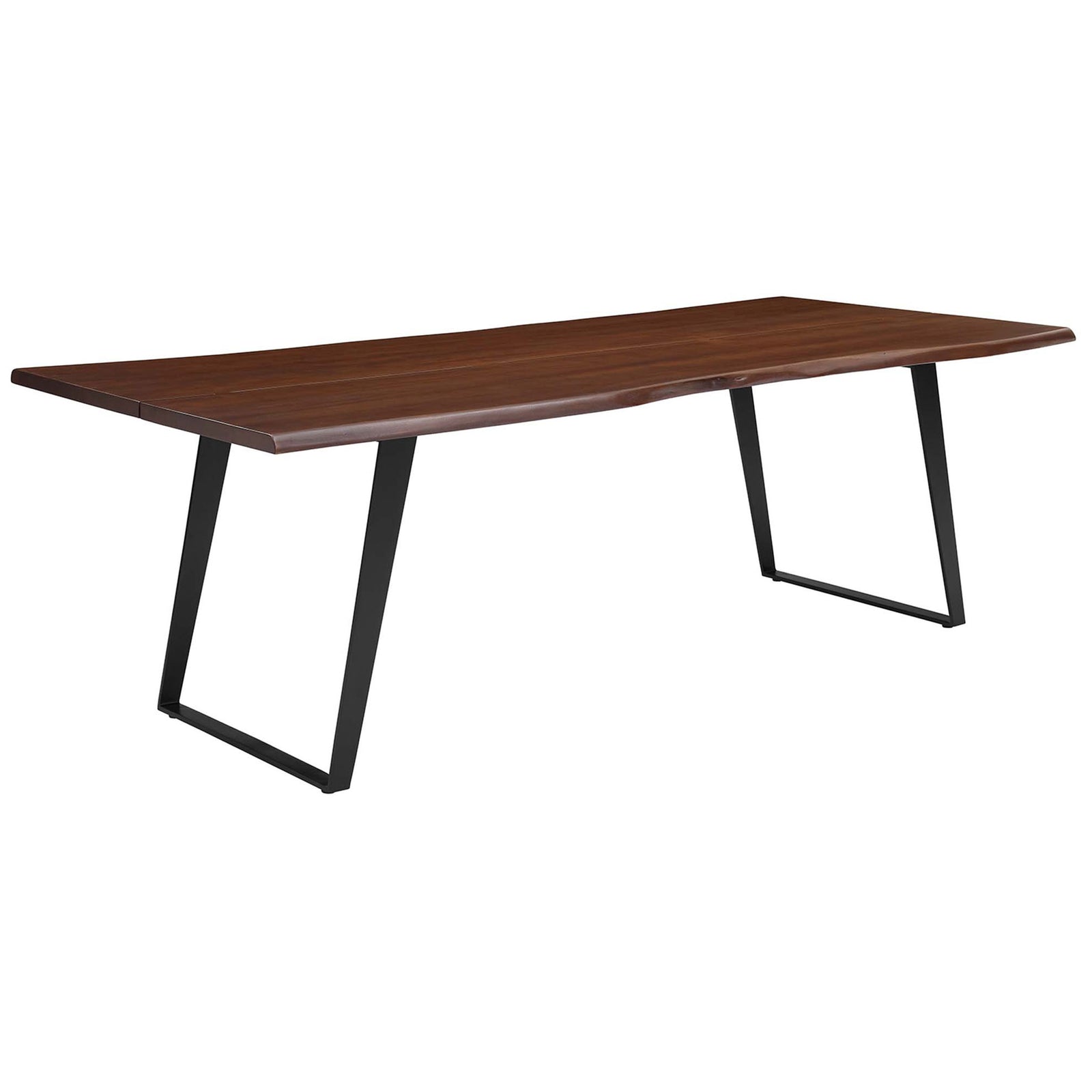 Expansive 96 in live edge acacia dining table pairs a warm walnut top with bold black sled legs || EEI-6071-BLK-WAL || front_angle_studio