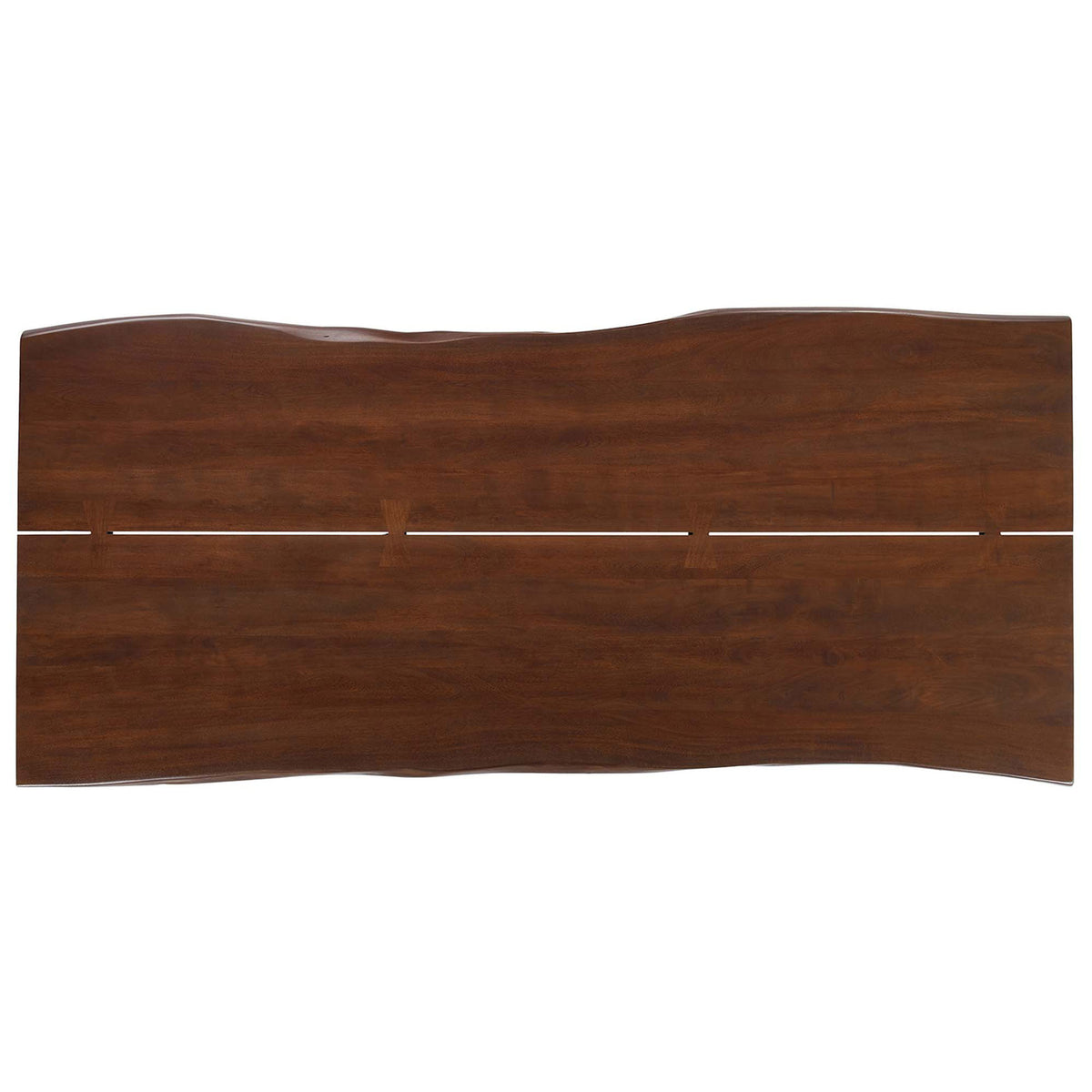 Full tabletop of the 96 in live edge design shows continuous grain and butterfly joint accents || EEI-6071-BLK-WAL || top_studio