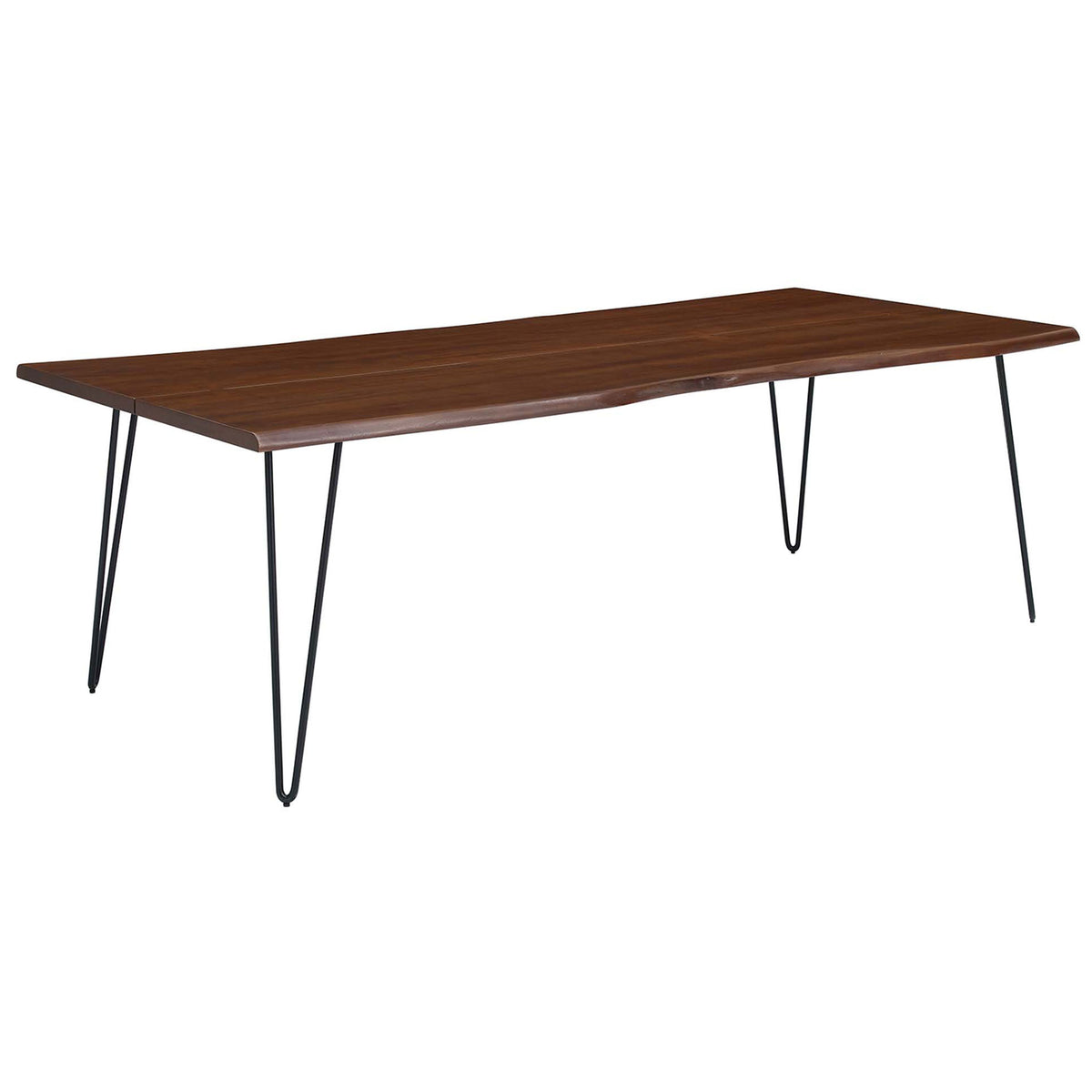 Spacious live edge acacia dining table shows its impressive length and slender black metal hairpin base. || EEI-6072-BLK-WAL || front_angle_studio