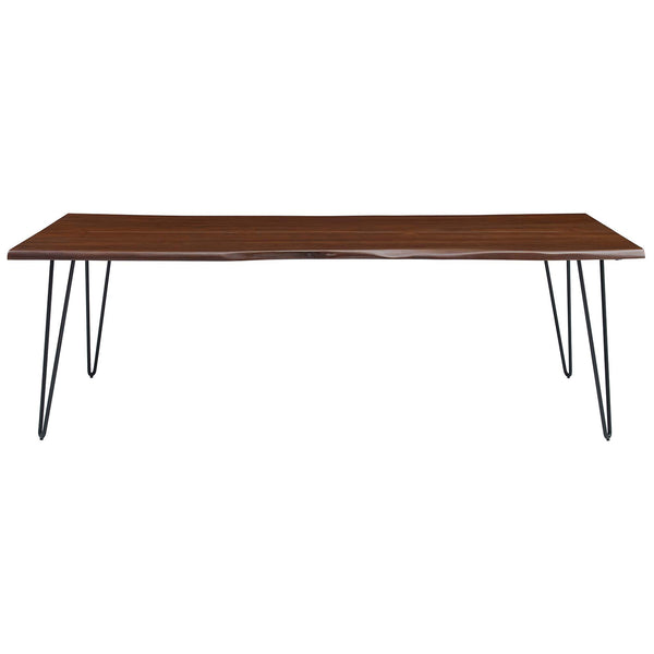 Extra-long live edge acacia wood dining table offers ample seating with a sleek silhouette and black hairpin legs. || EEI-6072-BLK-WAL || front_studio