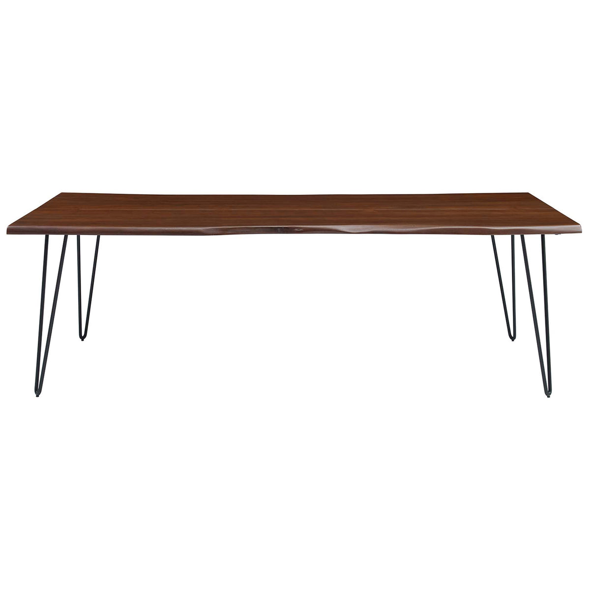 Extra-long live edge acacia wood dining table offers ample seating with a sleek silhouette and black hairpin legs. || EEI-6072-BLK-WAL || front_studio