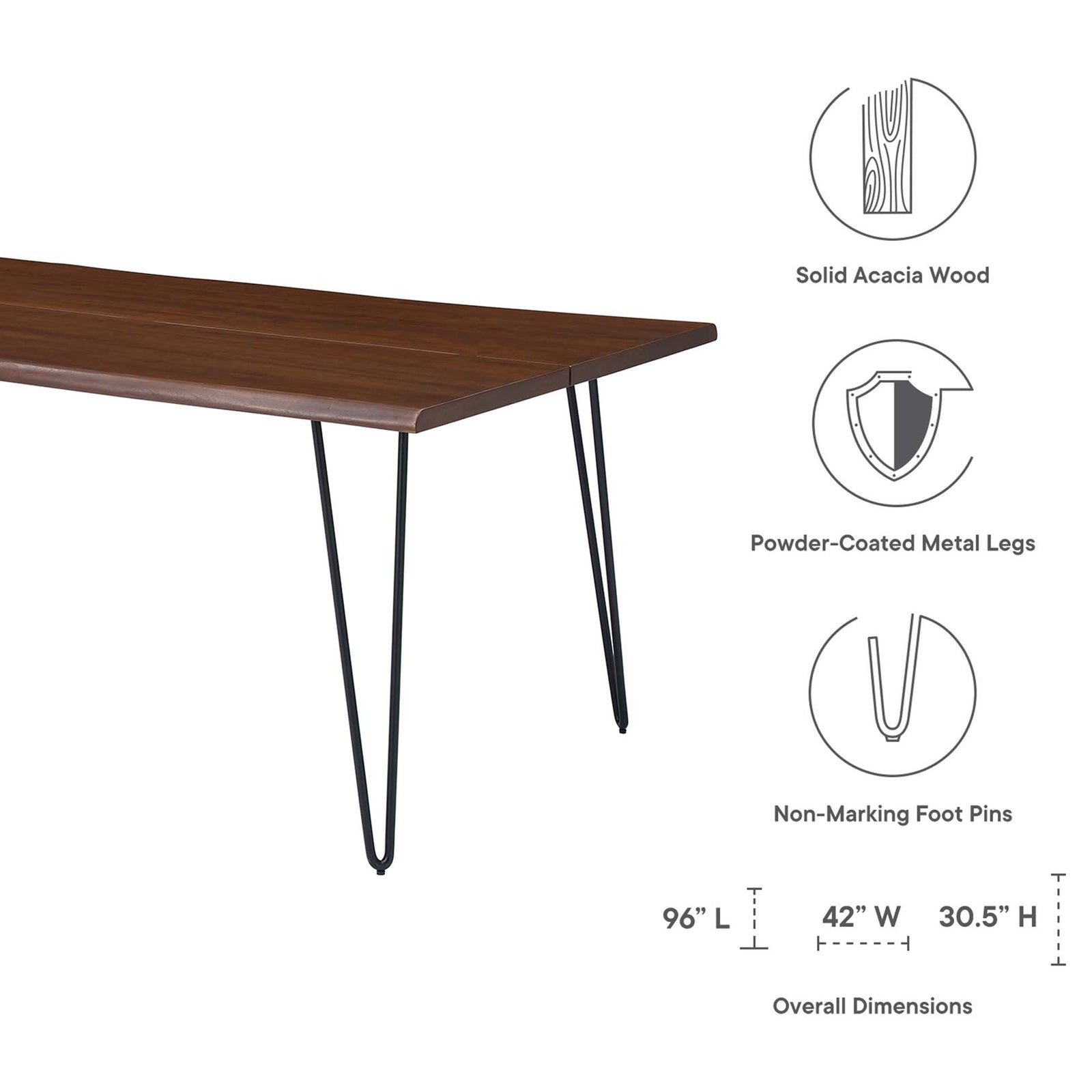 Live edge acacia dining table with icons for solid wood build, metal hairpin legs, and table dimensions. || EEI-6072-BLK-WAL || dimension_studio