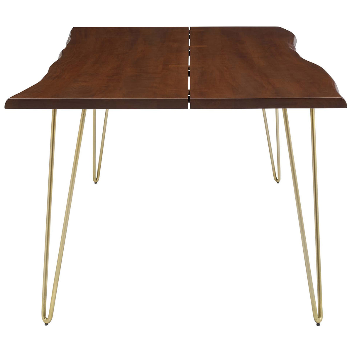 Extended acacia wood dining table with sleek, narrow silhouette supported by minimalist gold hairpin legs || EEI-6072-GLD-WAL || side_studio
