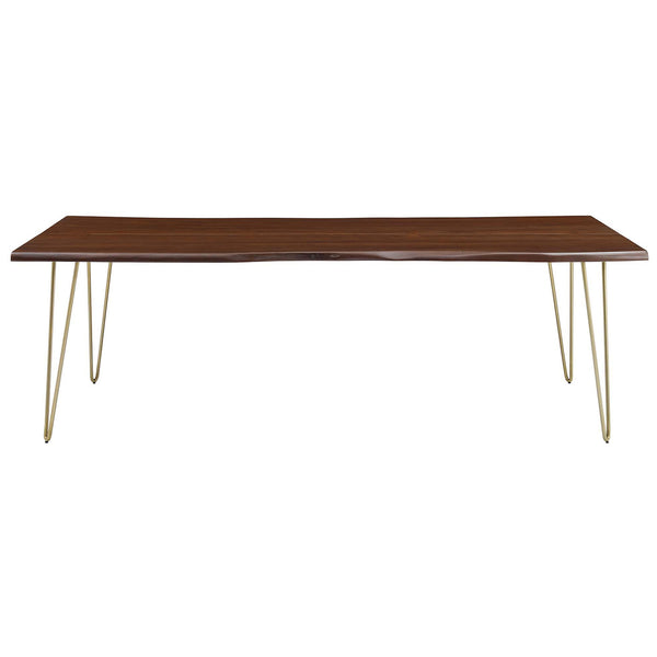 Ardor 96 inch live edge acacia dining table with expansive walnut top and slim gold hairpin legs || EEI-6072-GLD-WAL || front_studio