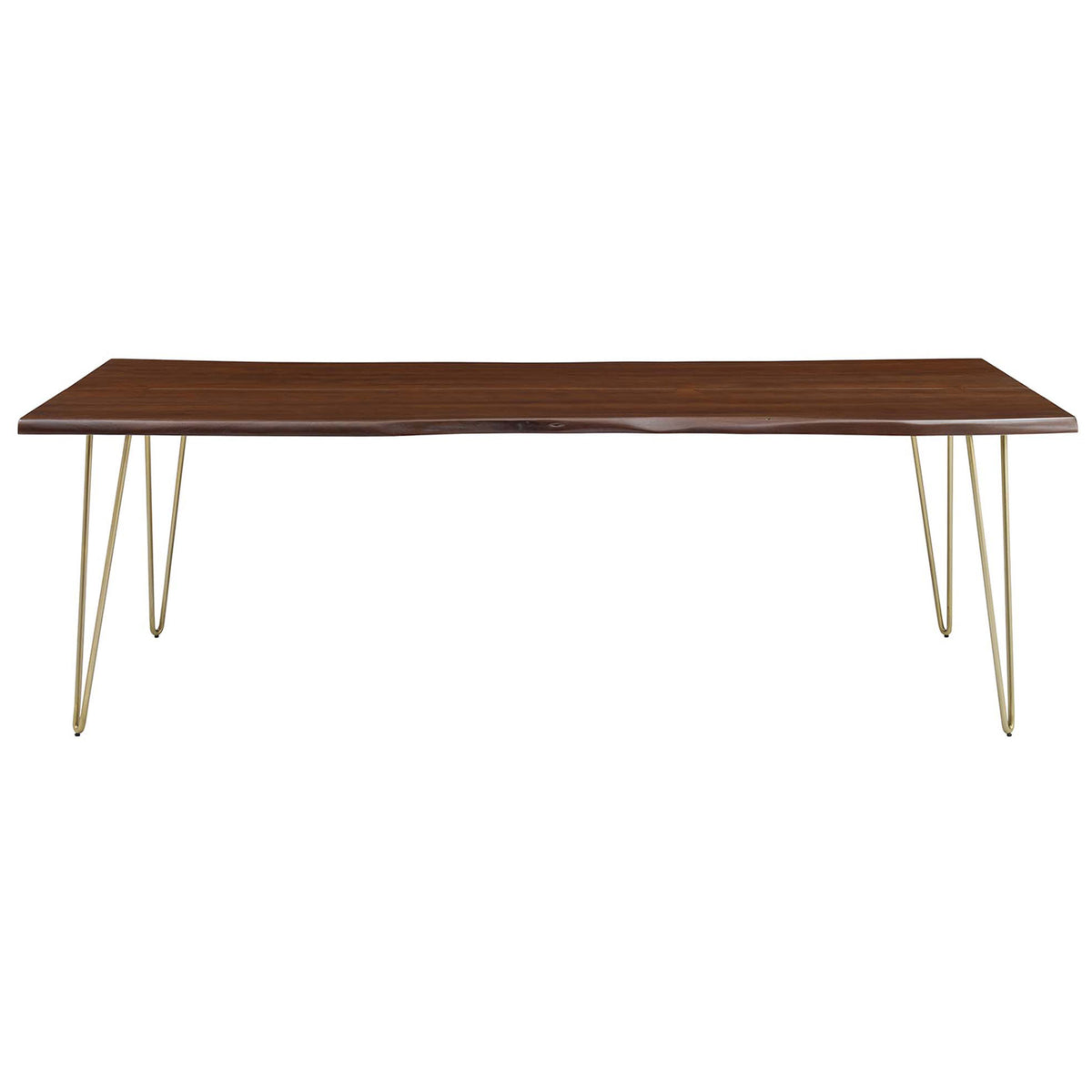 Ardor 96 inch live edge acacia dining table with expansive walnut top and slim gold hairpin legs || EEI-6072-GLD-WAL || front_studio