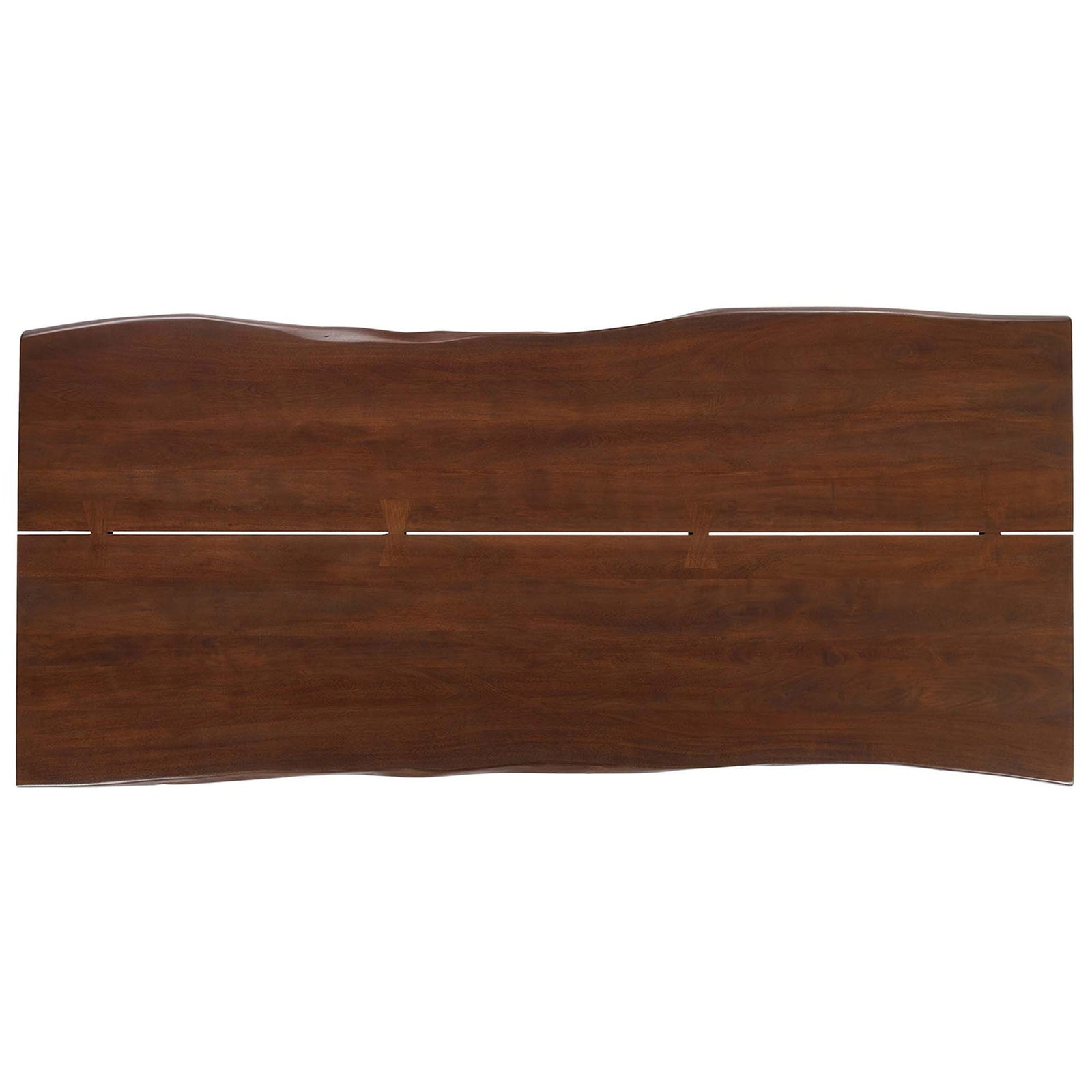 Live edge acacia tabletop showcasing long flowing grain and multiple butterfly joints along the center seam || EEI-6072-GLD-WAL || top_studio
