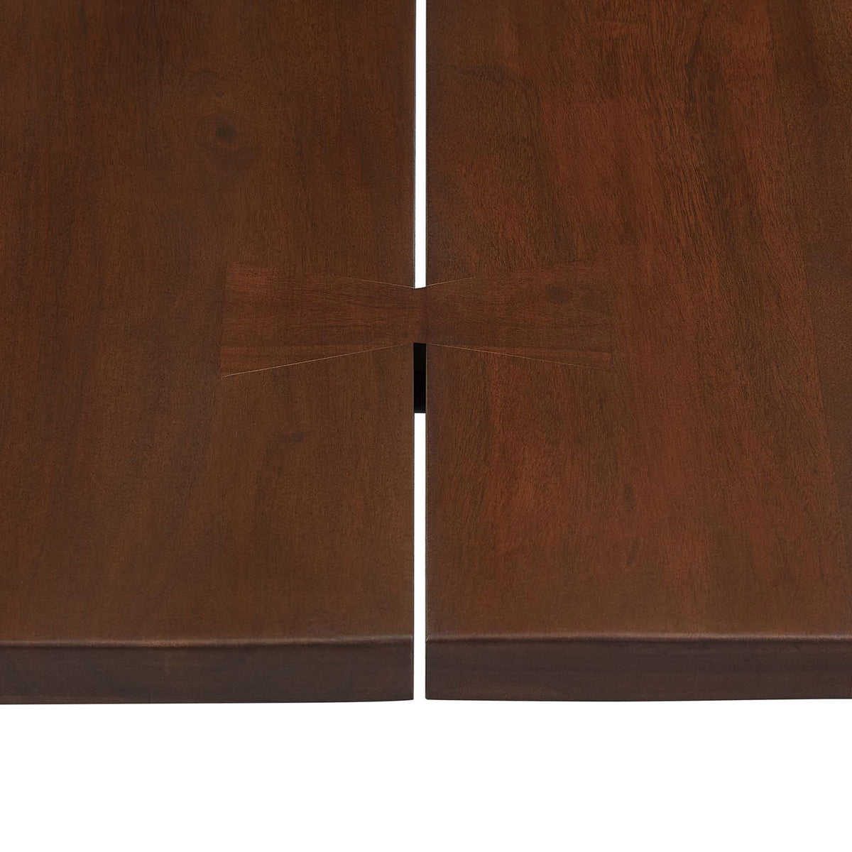 Butterfly joinery detail enhances the character of the thick acacia live edge tabletop || EEI-6072-GLD-WAL || detail_studio