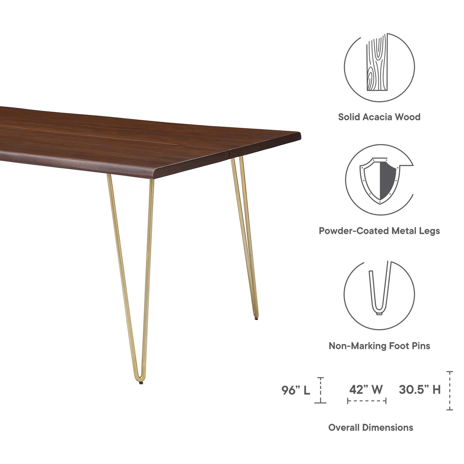 Informational graphic outlining solid acacia construction, metal legs, and 96 x 42 x 30.5 inch table dimensions || EEI-6072-GLD-WAL || dimension_studio