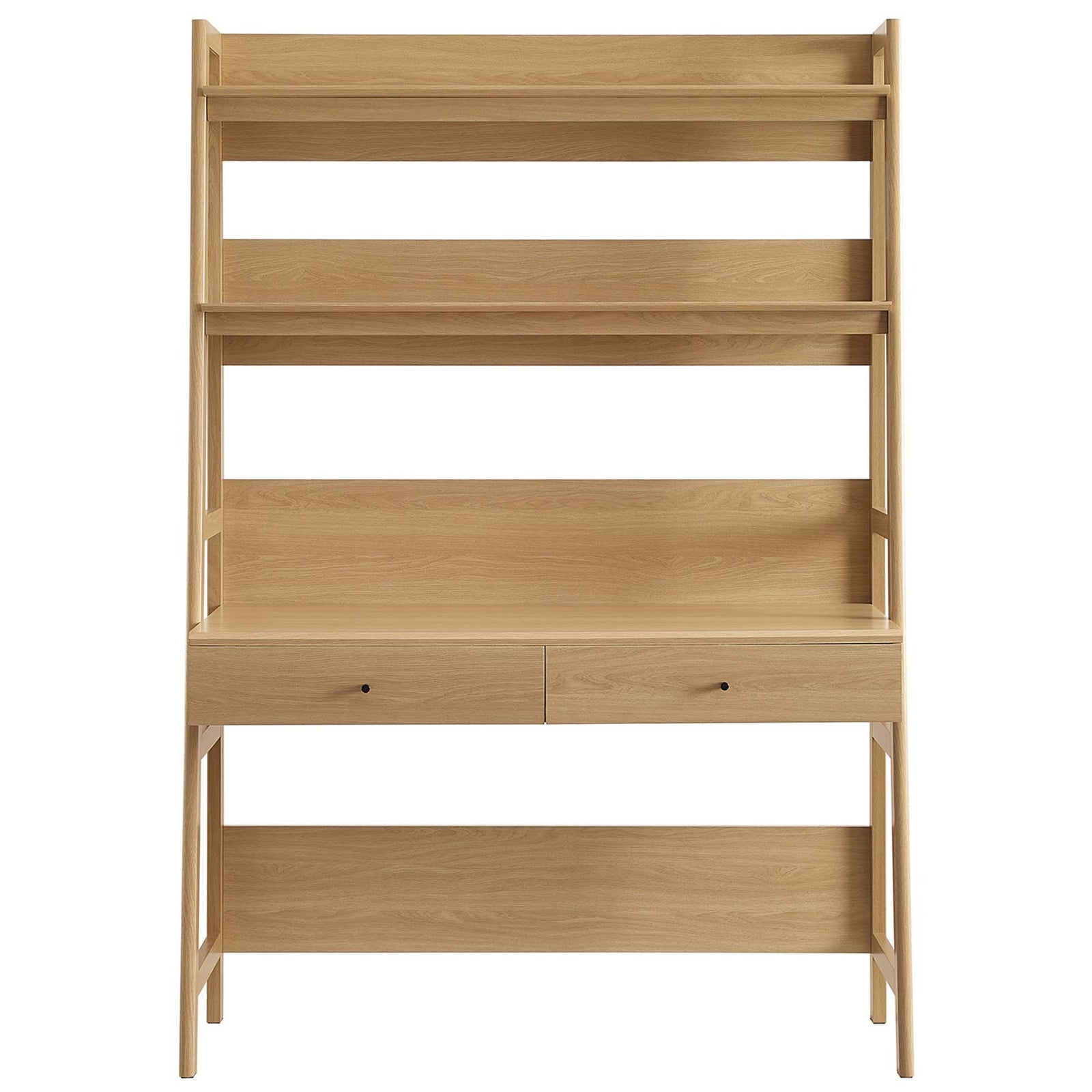 Oak ladder desk with integrated bookshelf and two drawers for streamlined home office organization || EEI-6073-OAK || front_studio