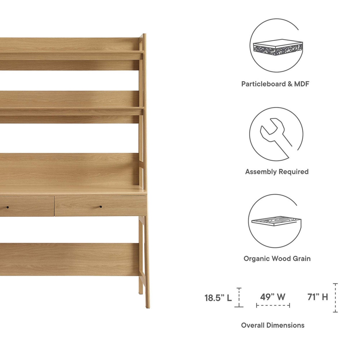 Durable particleboard and MDF construction with organic wood grain; assembly required; overall dimensions listed || EEI-6073-OAK || dimension_studio