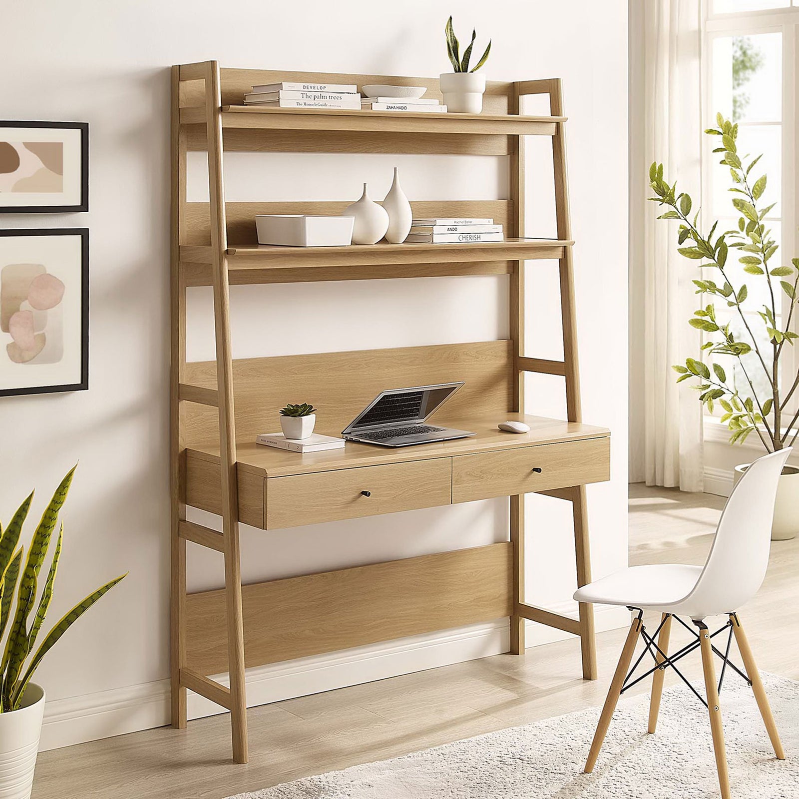 Oak ladder desk and bookshelf elevate a bright minimalist office with warm storage and a clean workspace || EEI-6073-OAK || front_angle_room