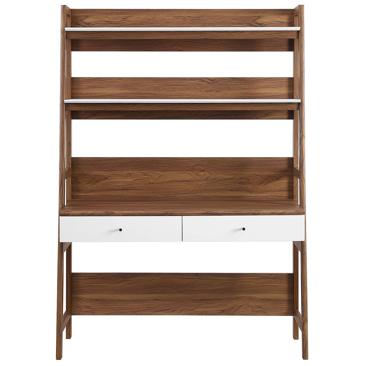 Tiered ladder desk pairs warm walnut grain with crisp white drawers and generous open shelving. || EEI-6073-WAL-WHI || front_studio