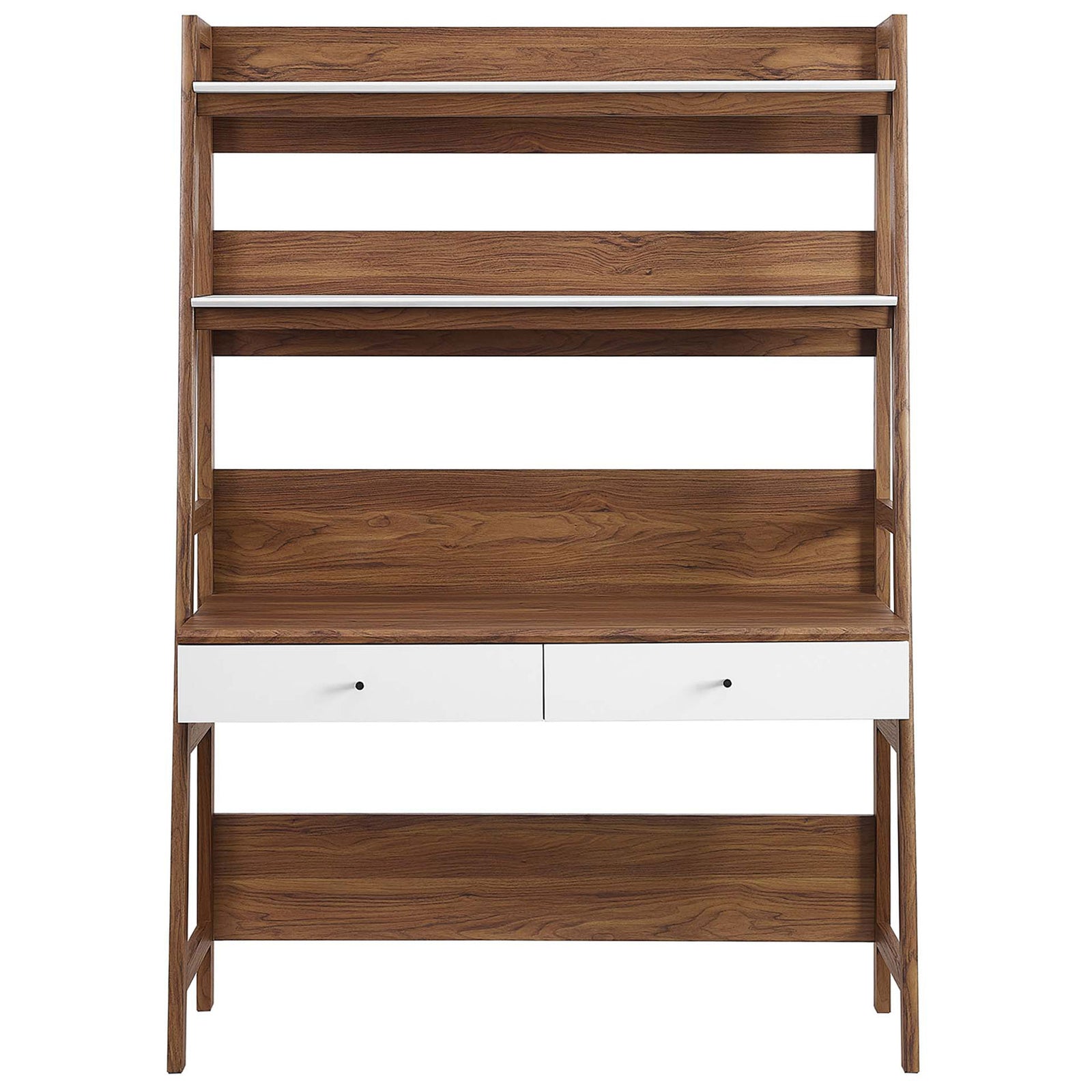 Tiered ladder desk pairs warm walnut grain with crisp white drawers and generous open shelving. || EEI-6073-WAL-WHI || front_studio