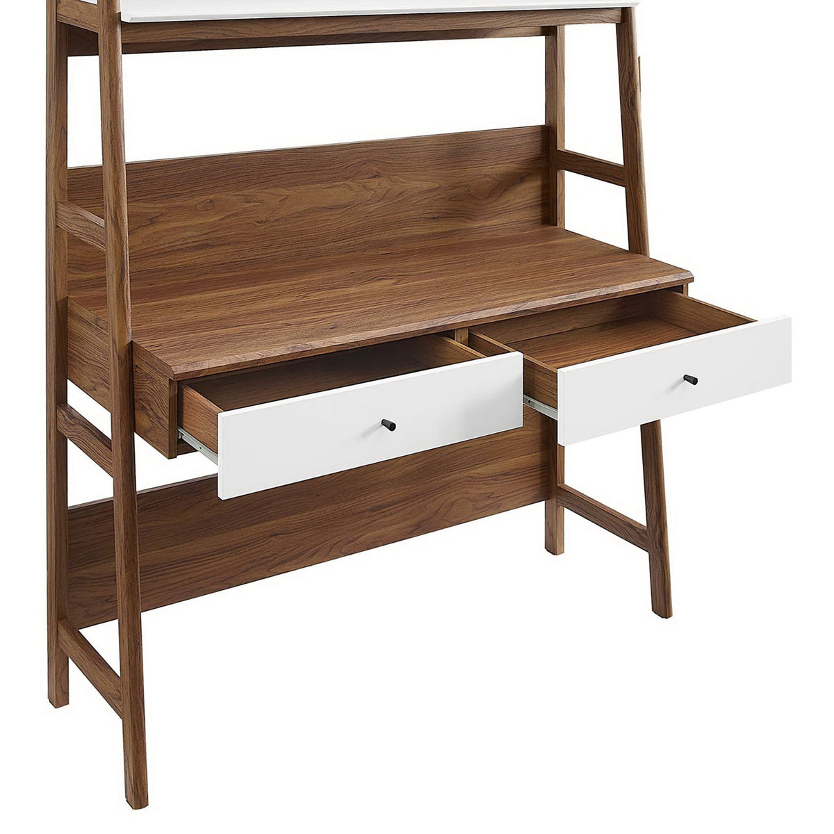 Dual white-front drawers slide open to reveal roomy storage for office essentials. || EEI-6073-WAL-WHI || storage_open_studio