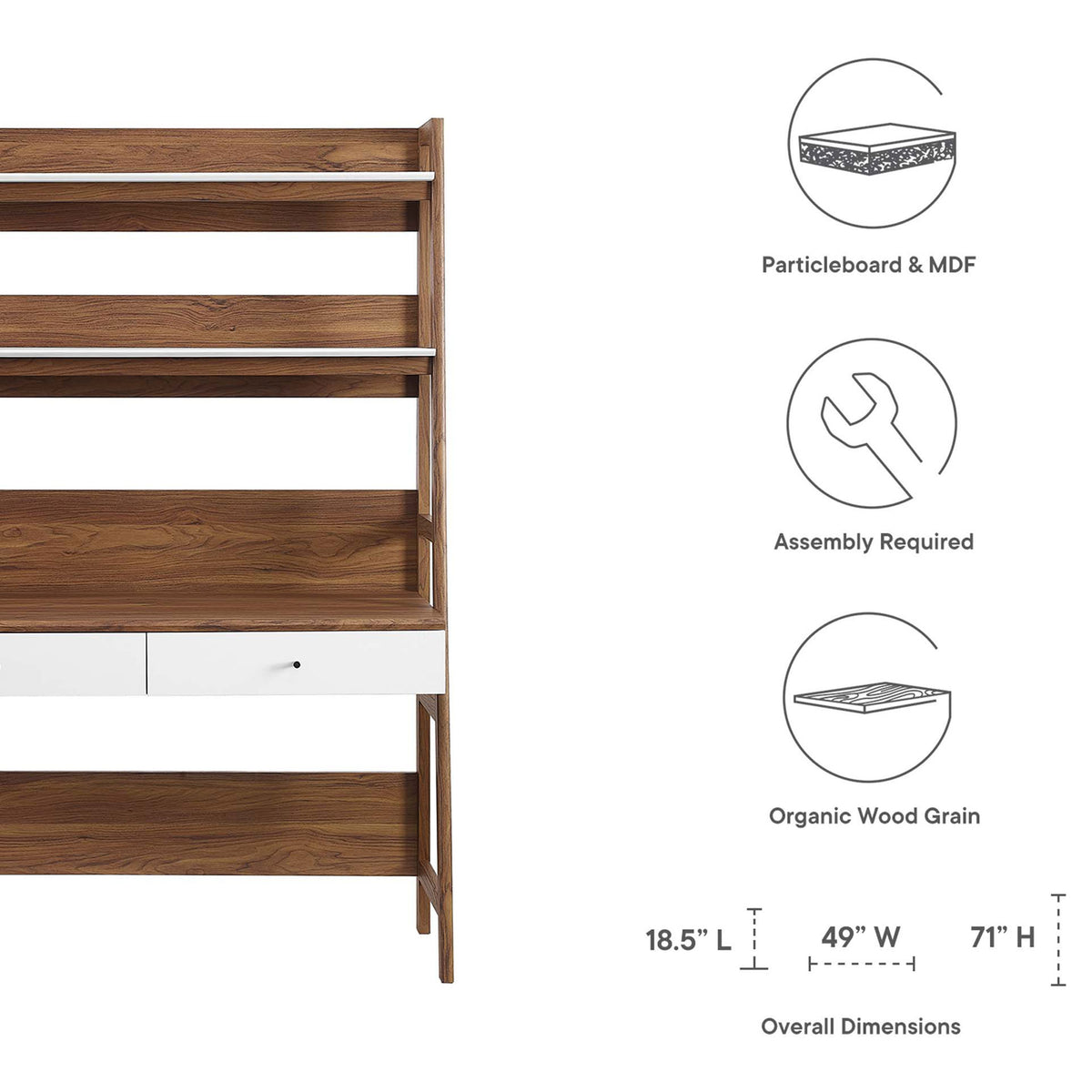 Durable particleboard and MDF construction with organic wood grain and easy assembly. || EEI-6073-WAL-WHI || dimension_studio