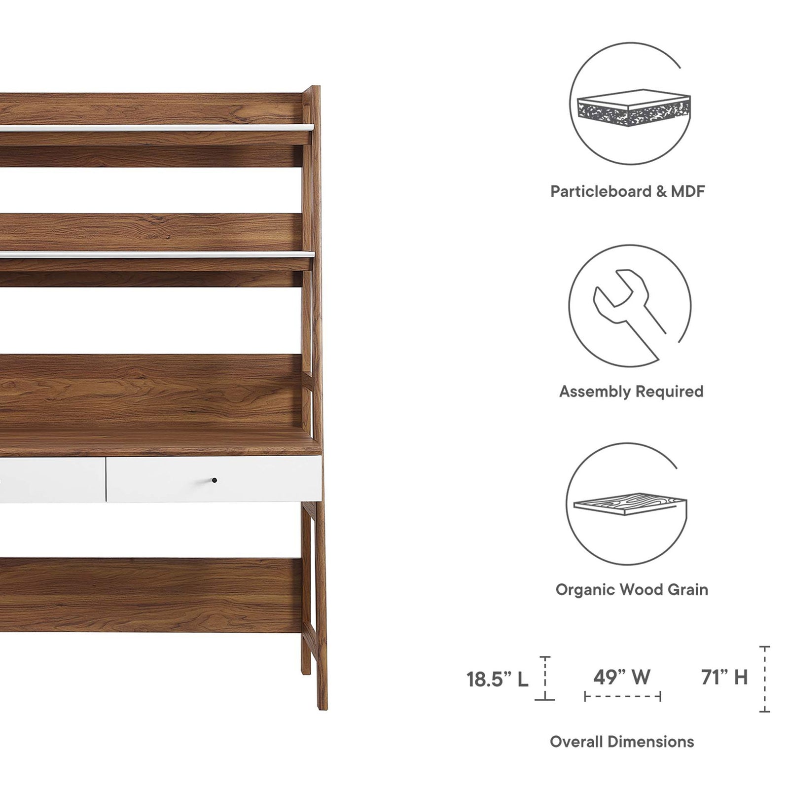 Durable particleboard and MDF construction with organic wood grain and easy assembly. || EEI-6073-WAL-WHI || dimension_studio