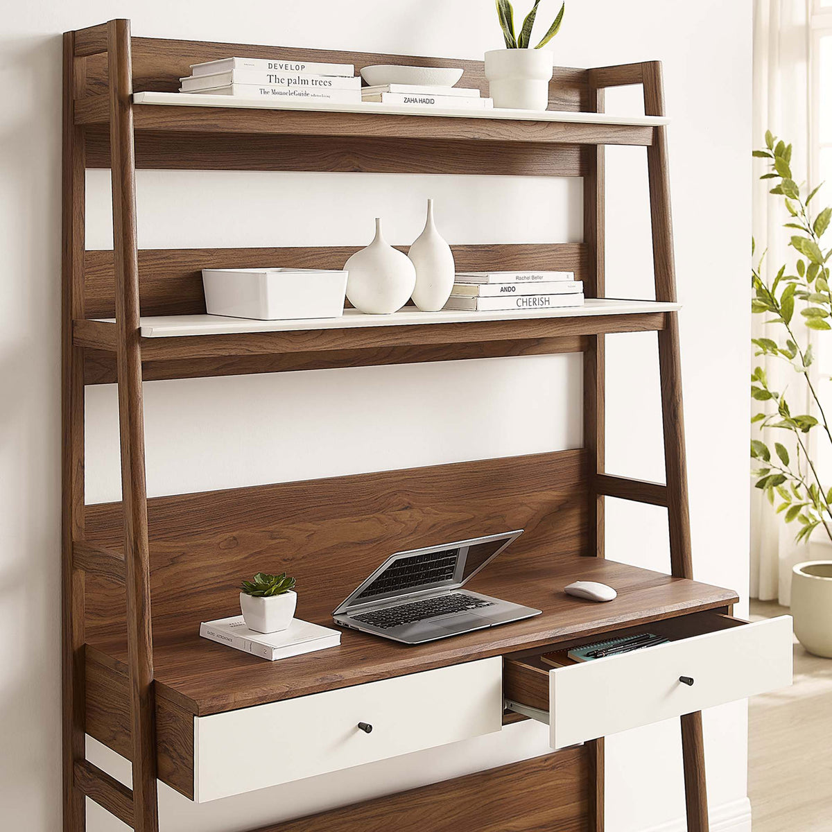 Keep supplies close at hand with two drawers while the desktop offers room for your laptop. || EEI-6073-WAL-WHI || storage_open_room