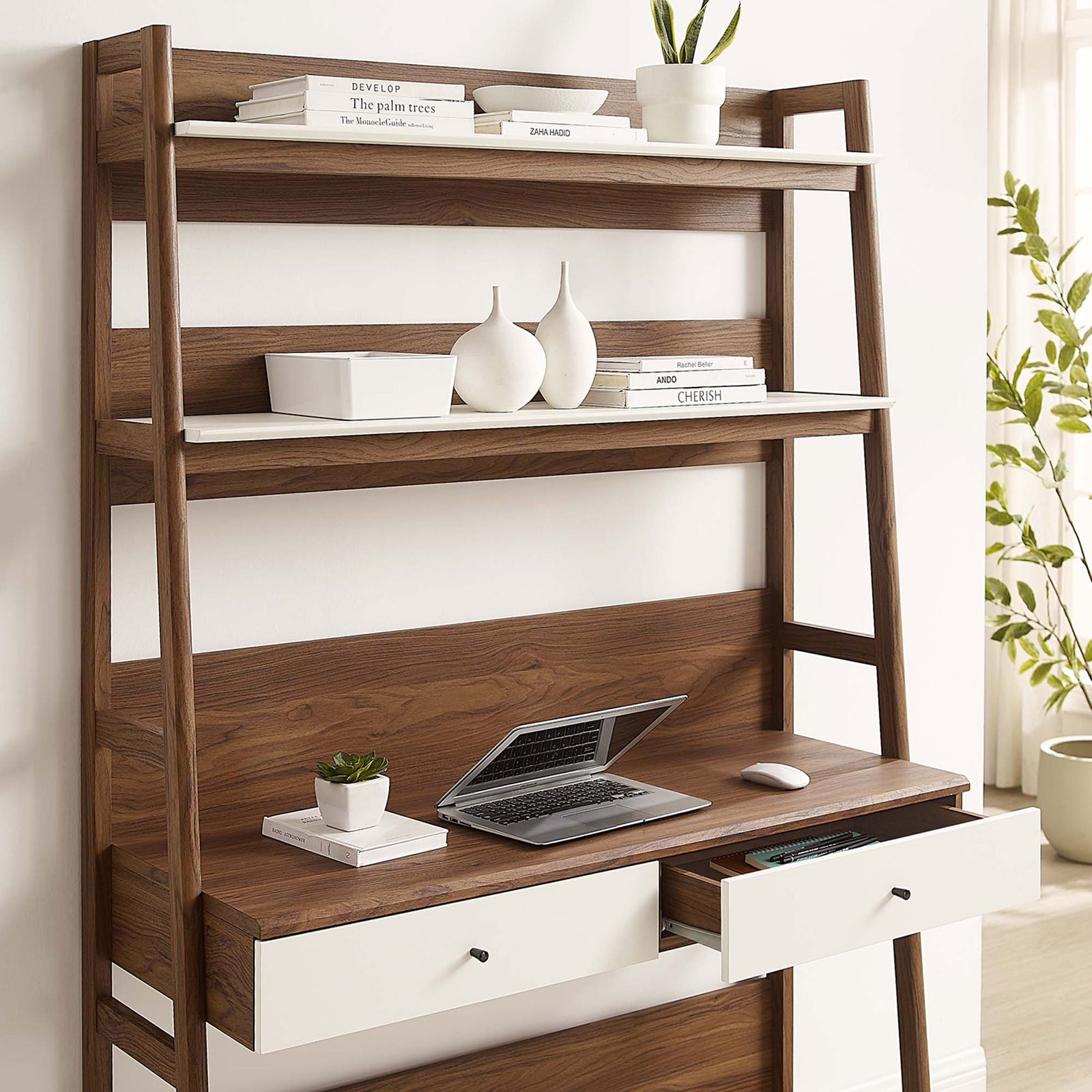 Keep supplies close at hand with two drawers while the desktop offers room for your laptop. || EEI-6073-WAL-WHI || storage_open_room