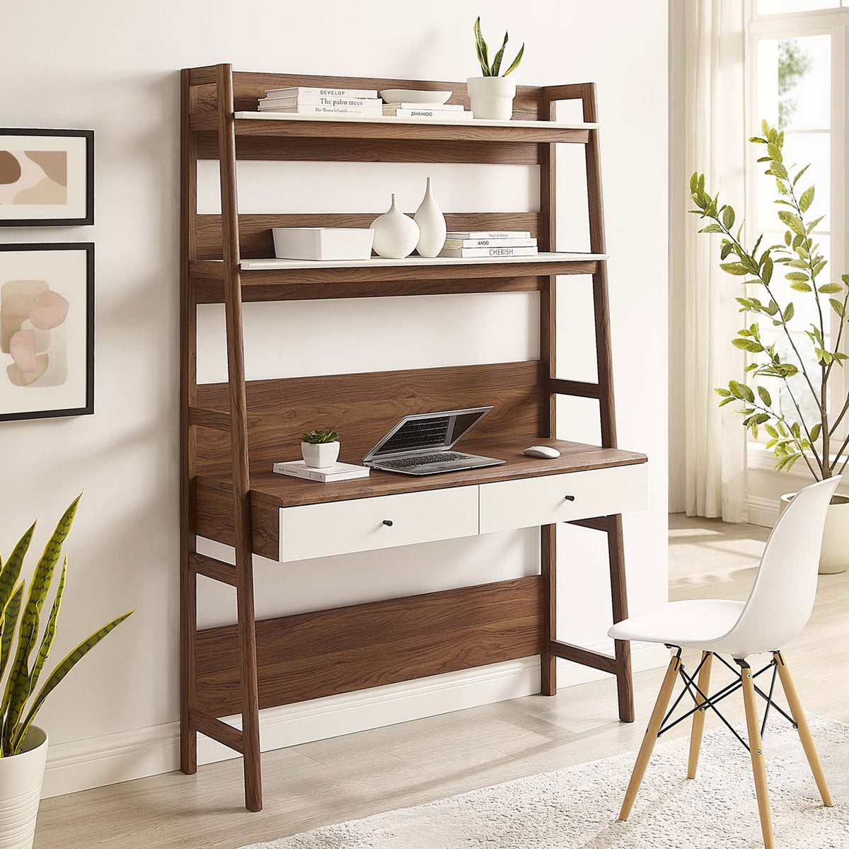 Modern ladder desk elevates your home office with ample shelving and warm walnut-white contrast. || EEI-6073-WAL-WHI || front_angle_room