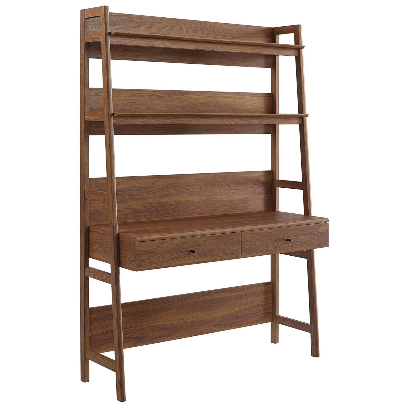 Walnut ladder desk with tiered shelves and two drawers for streamlined storage || EEI-6073-WAL || front_angle_studio