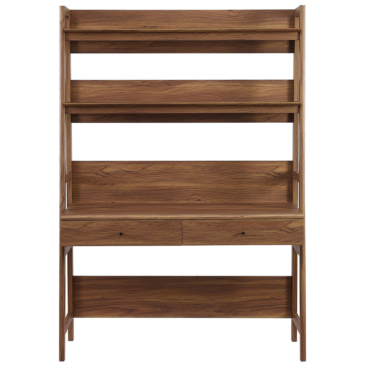 Spacious desk with integrated bookshelf and rich walnut wood grain || EEI-6073-WAL || front_studio