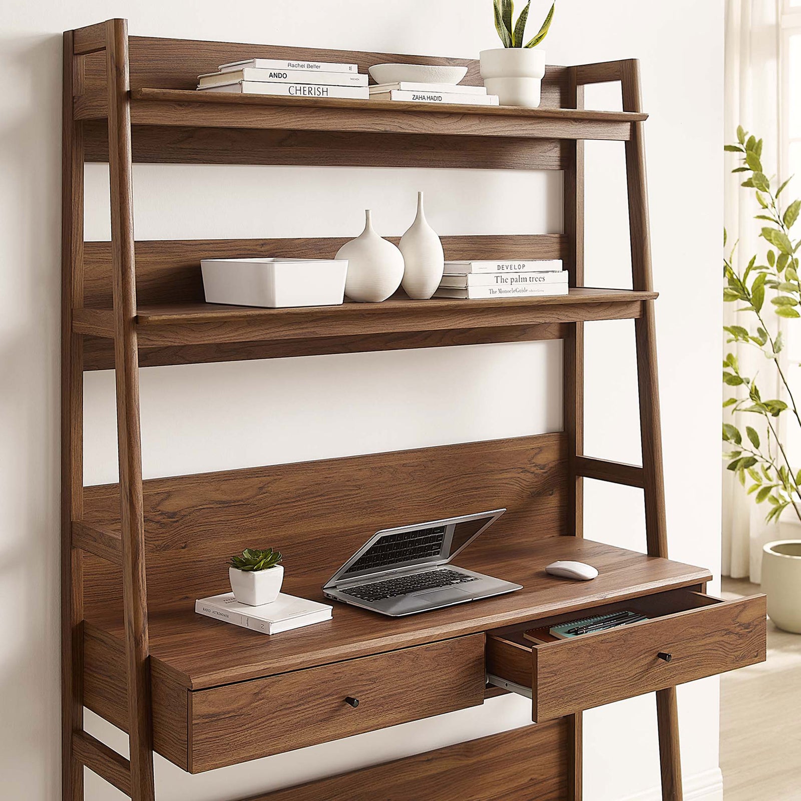 Keep essentials handy in the drawers while displaying decor on wide walnut shelves || EEI-6073-WAL || storage_open_room